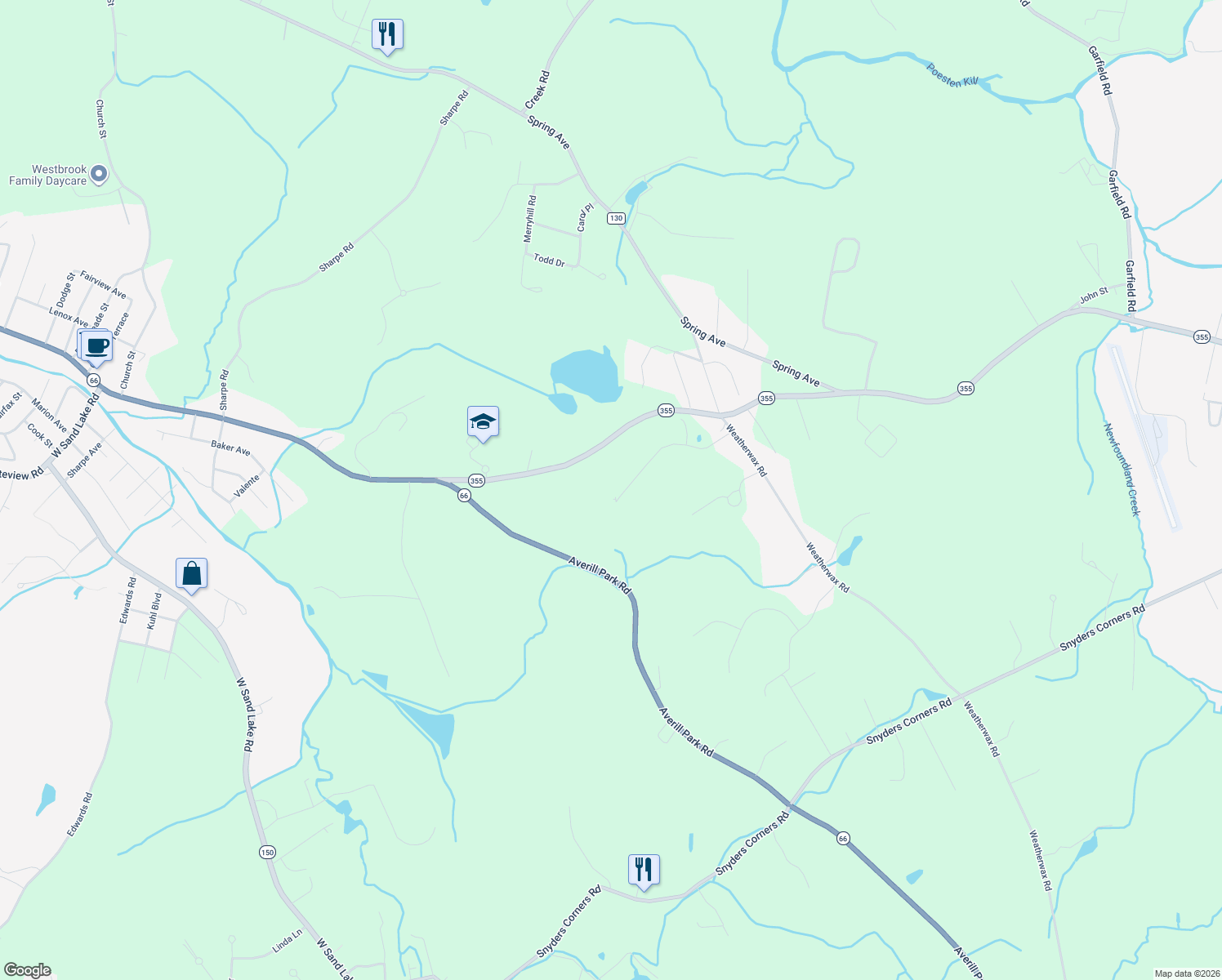 map of restaurants, bars, coffee shops, grocery stores, and more near 128 Abbey Road in Poestenkill