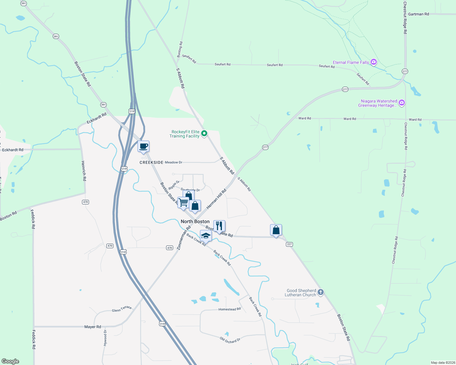 map of restaurants, bars, coffee shops, grocery stores, and more near 5785 Herman Hill Rd in Hamburg