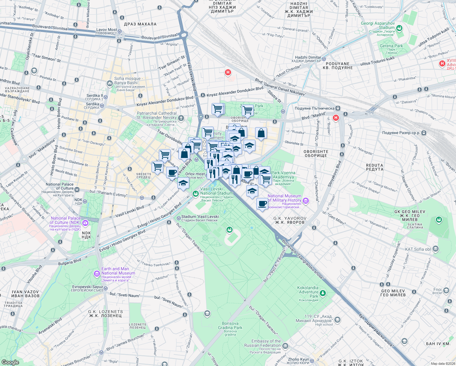 map of restaurants, bars, coffee shops, grocery stores, and more near 7 Boulevard "Tsarigradsko shose" in Sofia