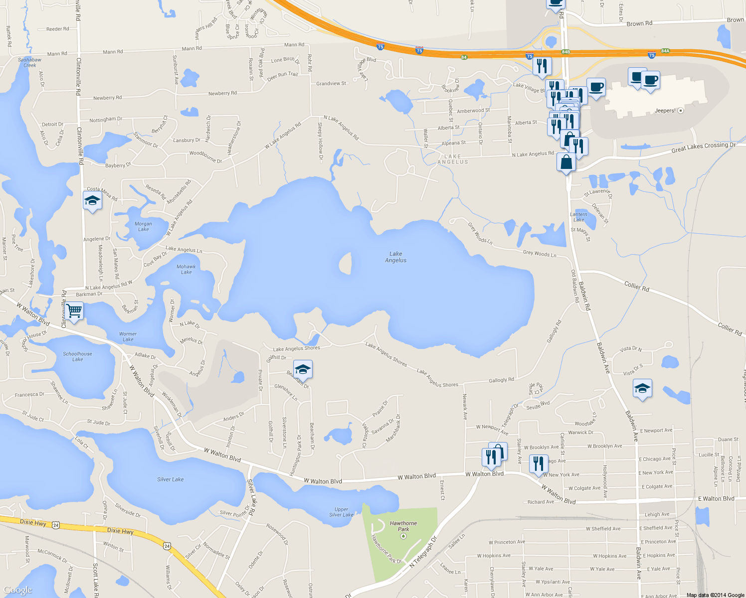 map of restaurants, bars, coffee shops, grocery stores, and more near 1070 Lake Angelus Shores in Lake Angelus