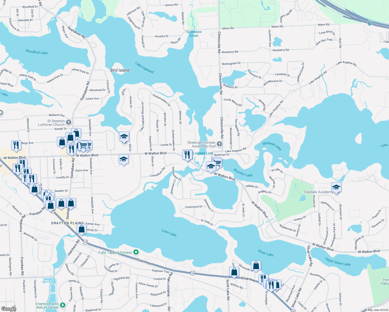 map of restaurants, bars, coffee shops, grocery stores, and more near 3474 Lakeshore Drive in Waterford Township