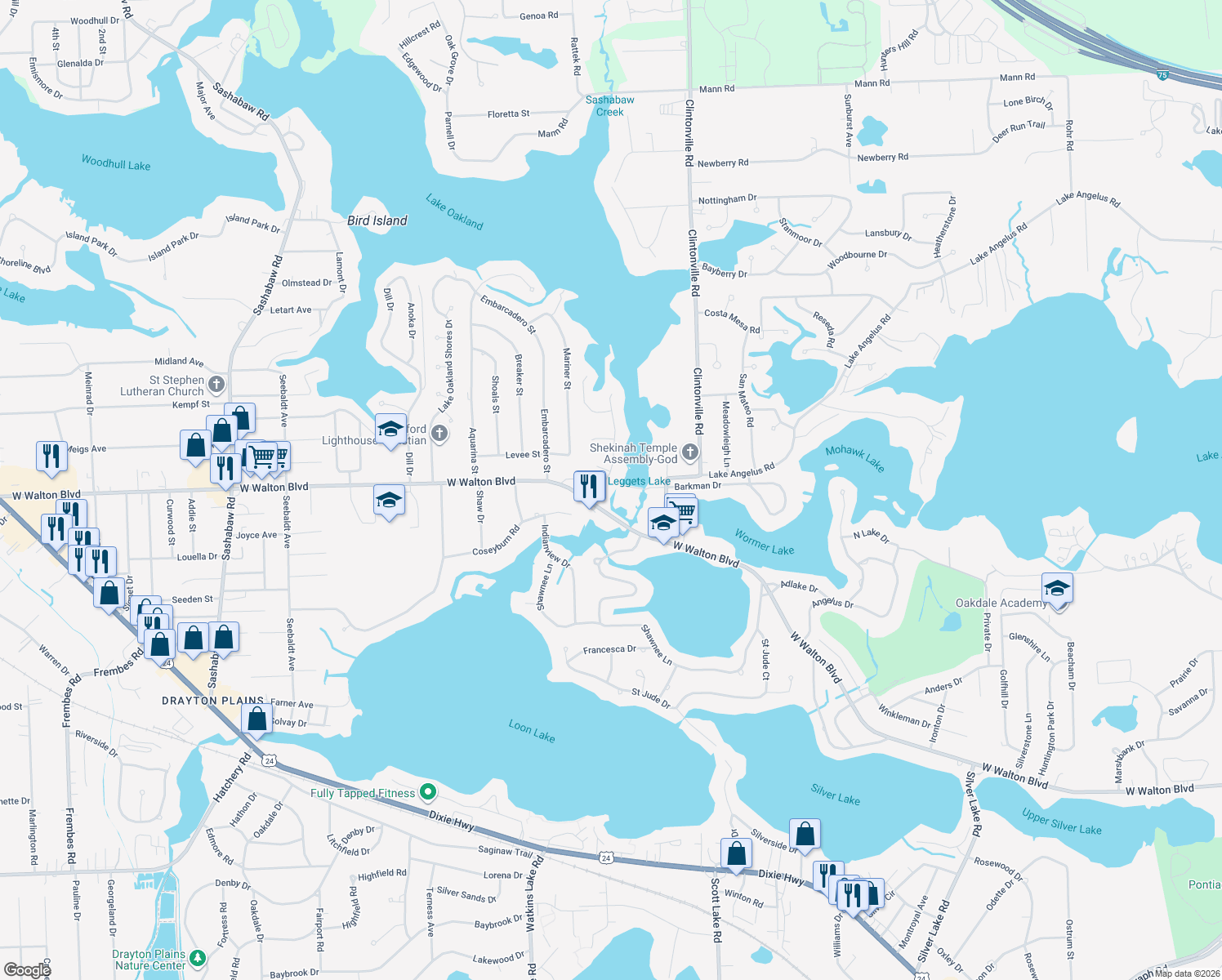 map of restaurants, bars, coffee shops, grocery stores, and more near 3474 Lakeshore Drive in Waterford Township