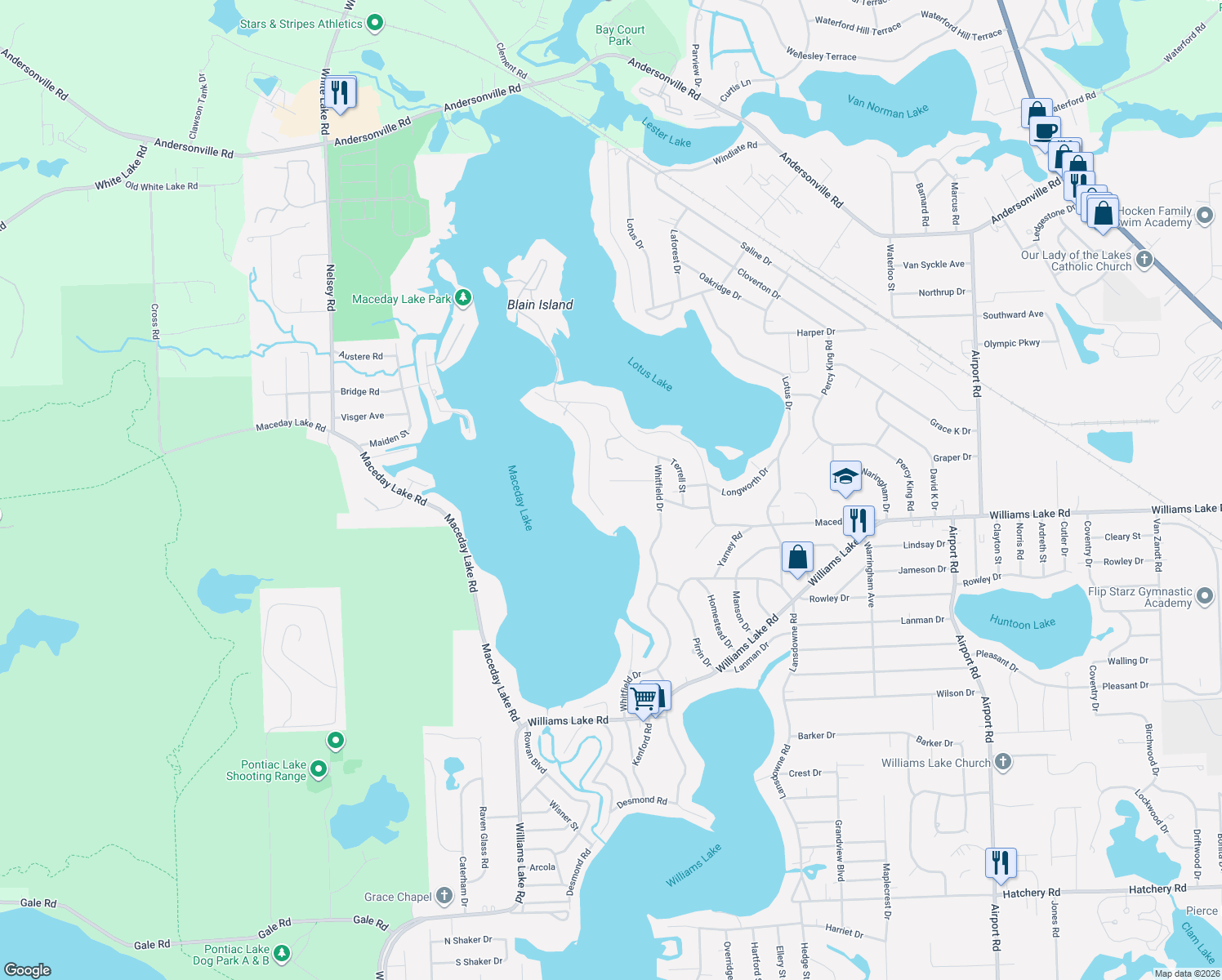 map of restaurants, bars, coffee shops, grocery stores, and more near 6969 Skyline Dr in Waterford Township