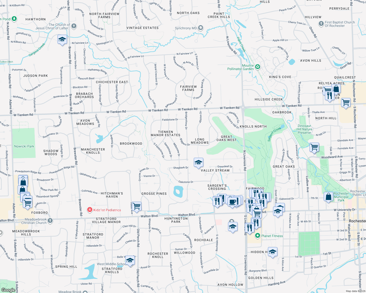 map of restaurants, bars, coffee shops, grocery stores, and more near 1469 Biggers Drive in Rochester Hills