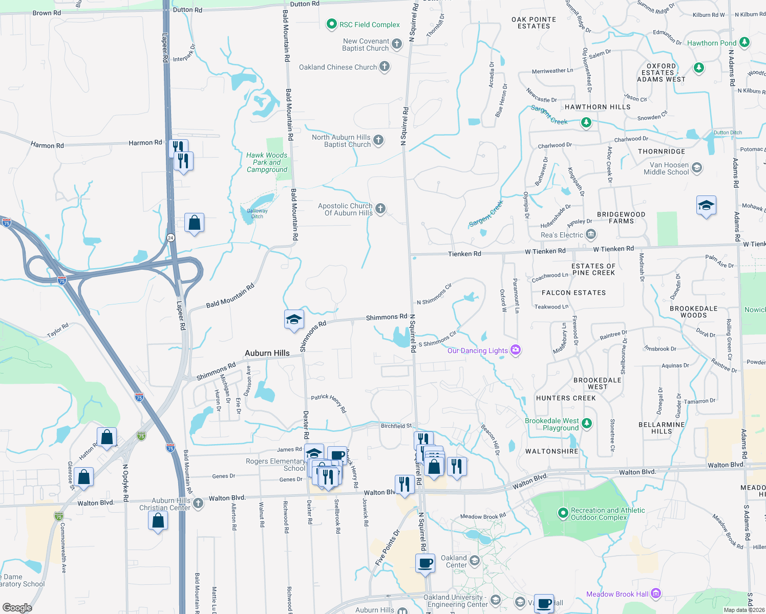 map of restaurants, bars, coffee shops, grocery stores, and more near 3395 Shimmons Road in Auburn Hills