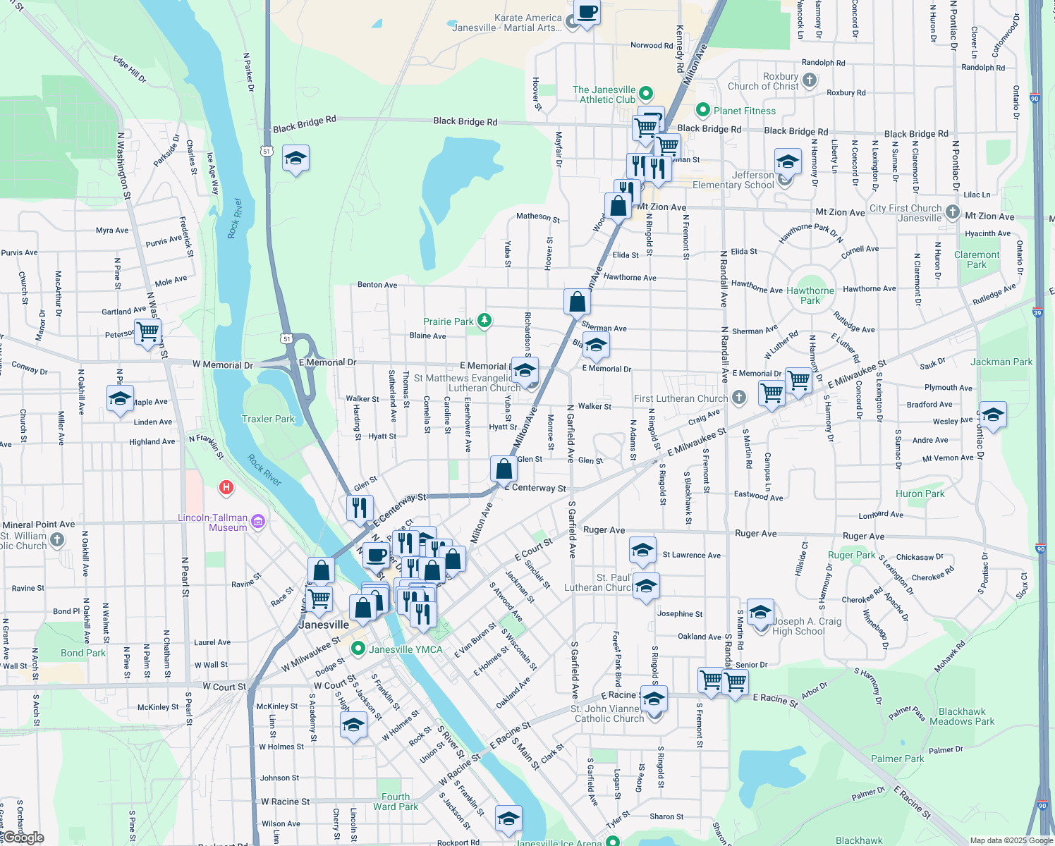 map of restaurants, bars, coffee shops, grocery stores, and more near 628 Milton Avenue in Janesville