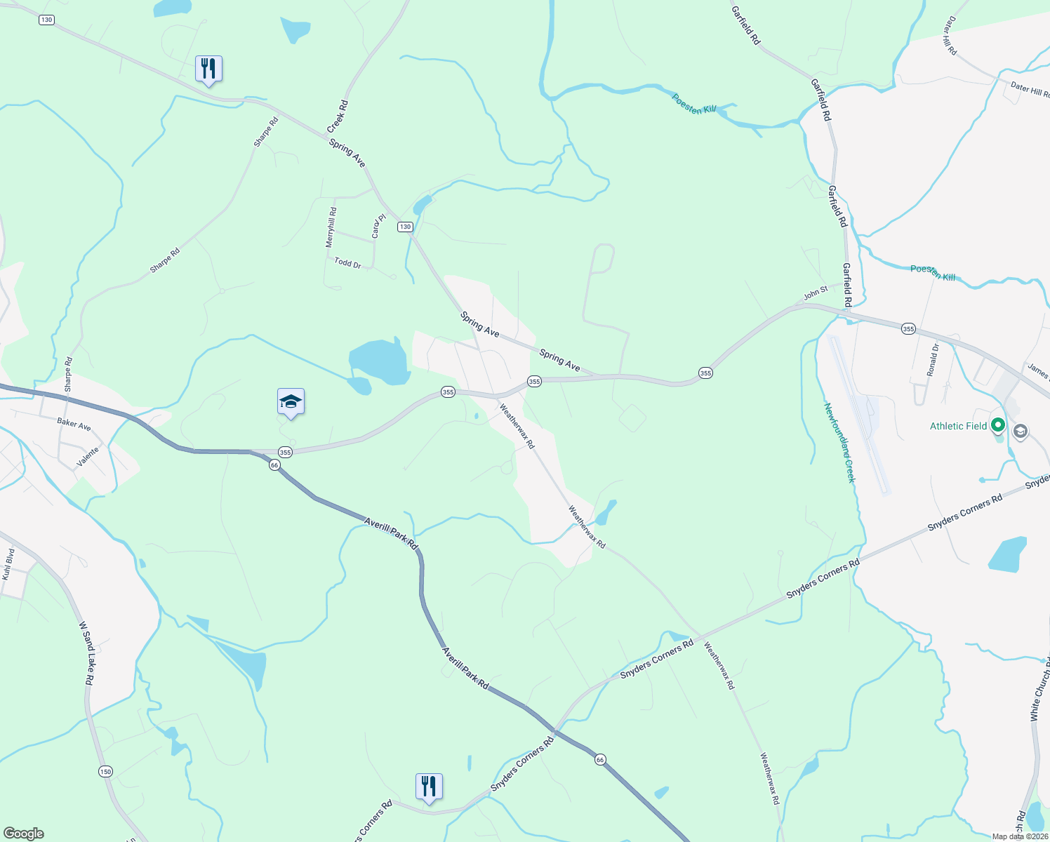 map of restaurants, bars, coffee shops, grocery stores, and more near 38 Weatherwax Road in Poestenkill