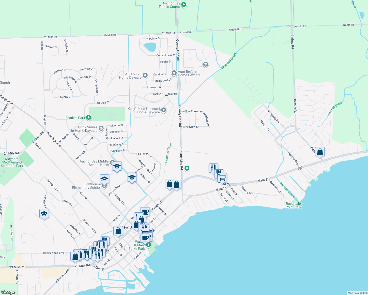 map of restaurants, bars, coffee shops, grocery stores, and more near 53000 County Line Road in New Baltimore