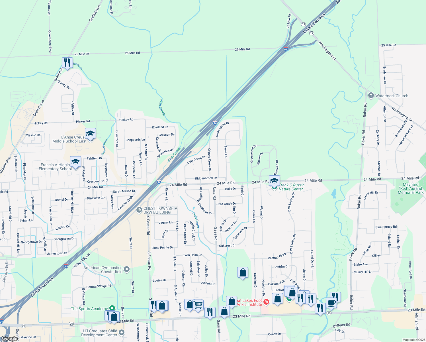 map of restaurants, bars, coffee shops, grocery stores, and more near 53140 Cripple Creek Drive in New Baltimore