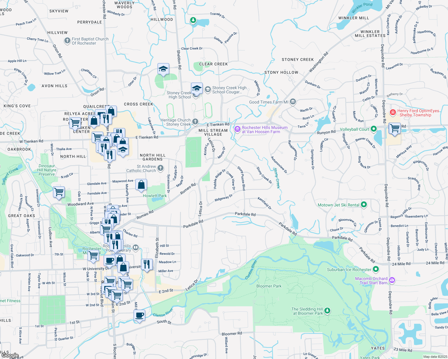 map of restaurants, bars, coffee shops, grocery stores, and more near 1257 Pebble Pointe Dr in Rochester