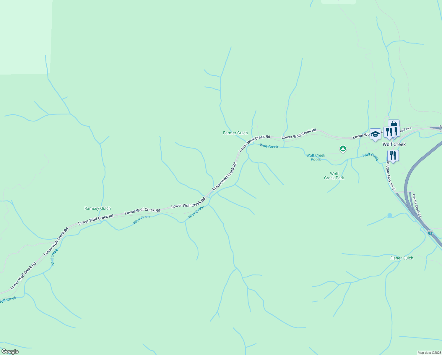 map of restaurants, bars, coffee shops, grocery stores, and more near 1468 Lower Wolf Creek Road in Wolf Creek