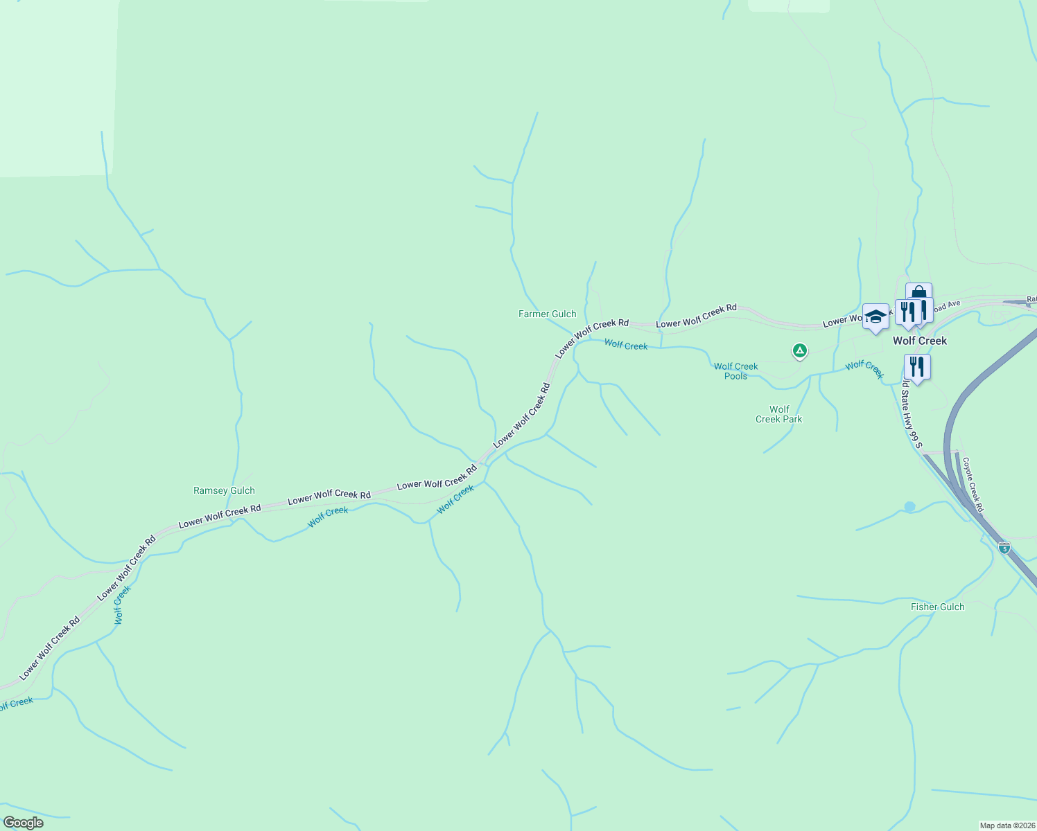 map of restaurants, bars, coffee shops, grocery stores, and more near 1468 Lower Wolf Creek Road in Wolf Creek