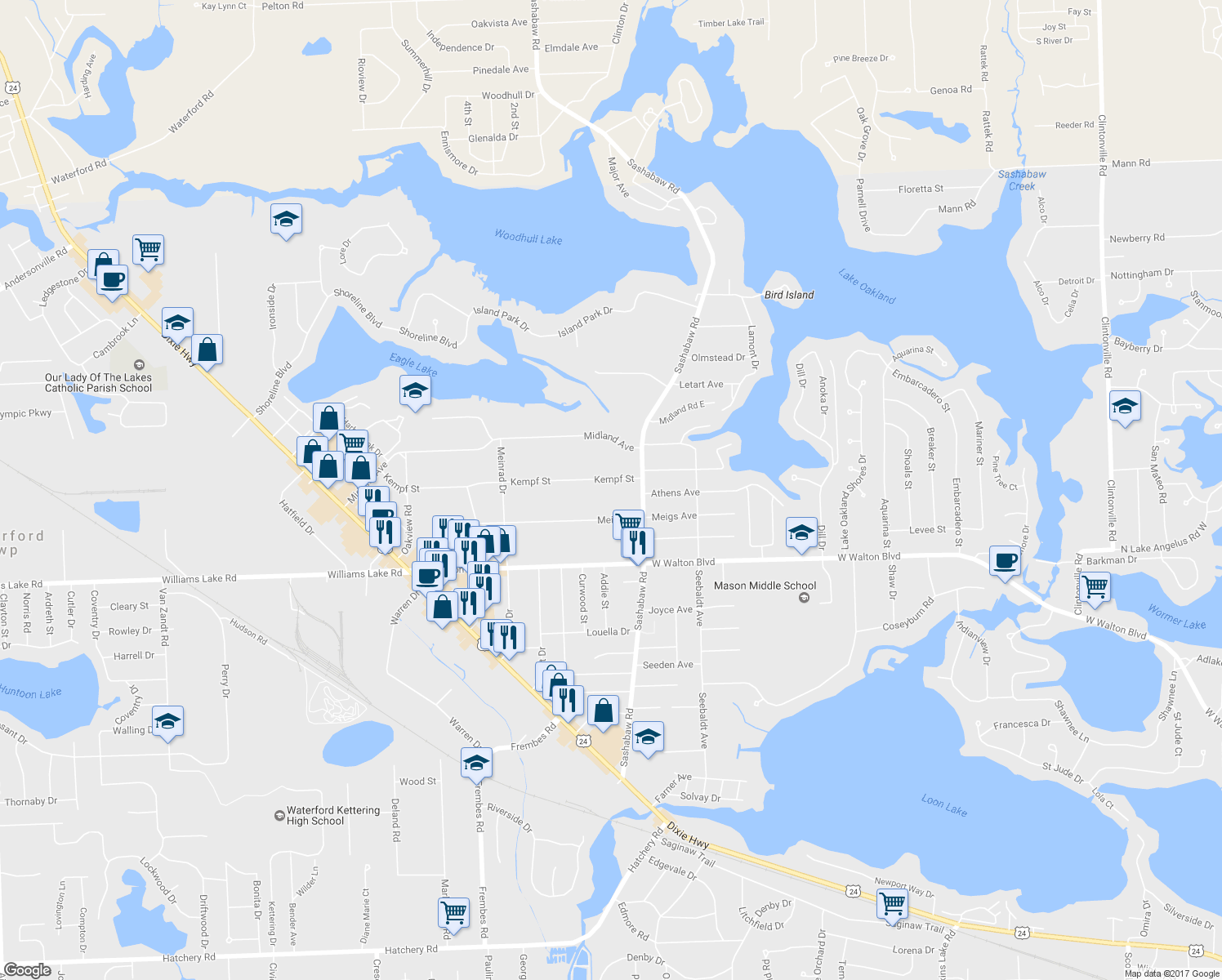 map of restaurants, bars, coffee shops, grocery stores, and more near 4393 Kempf Street in Waterford Township