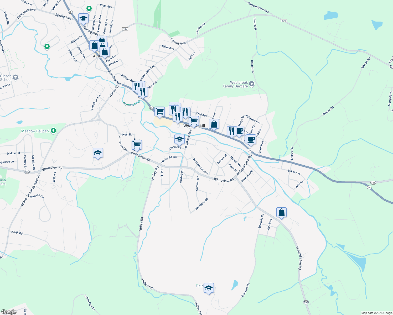 map of restaurants, bars, coffee shops, grocery stores, and more near 11 Crescent Terrace in Wynantskill
