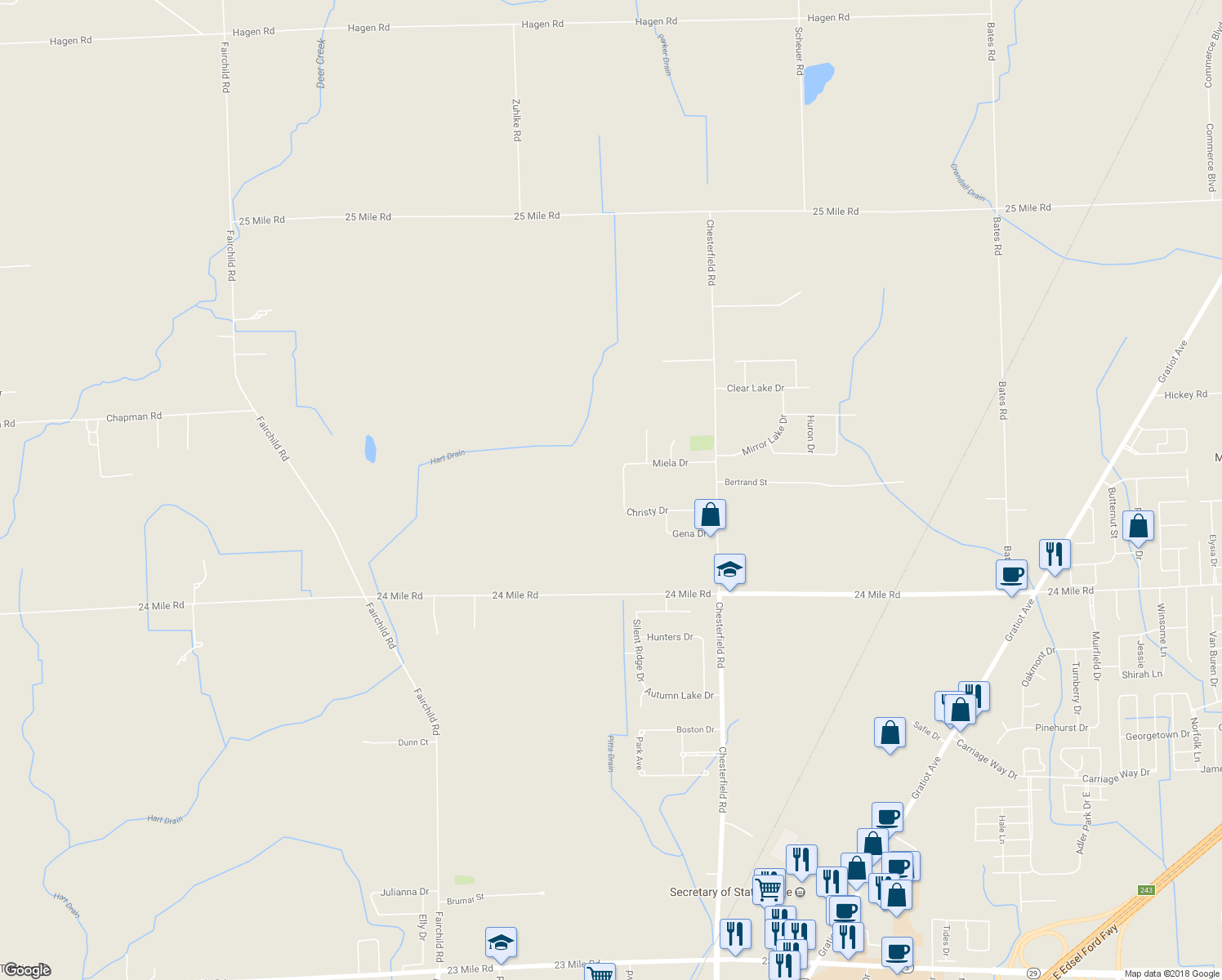 map of restaurants, bars, coffee shops, grocery stores, and more near 53511 Christy Drive in New Baltimore