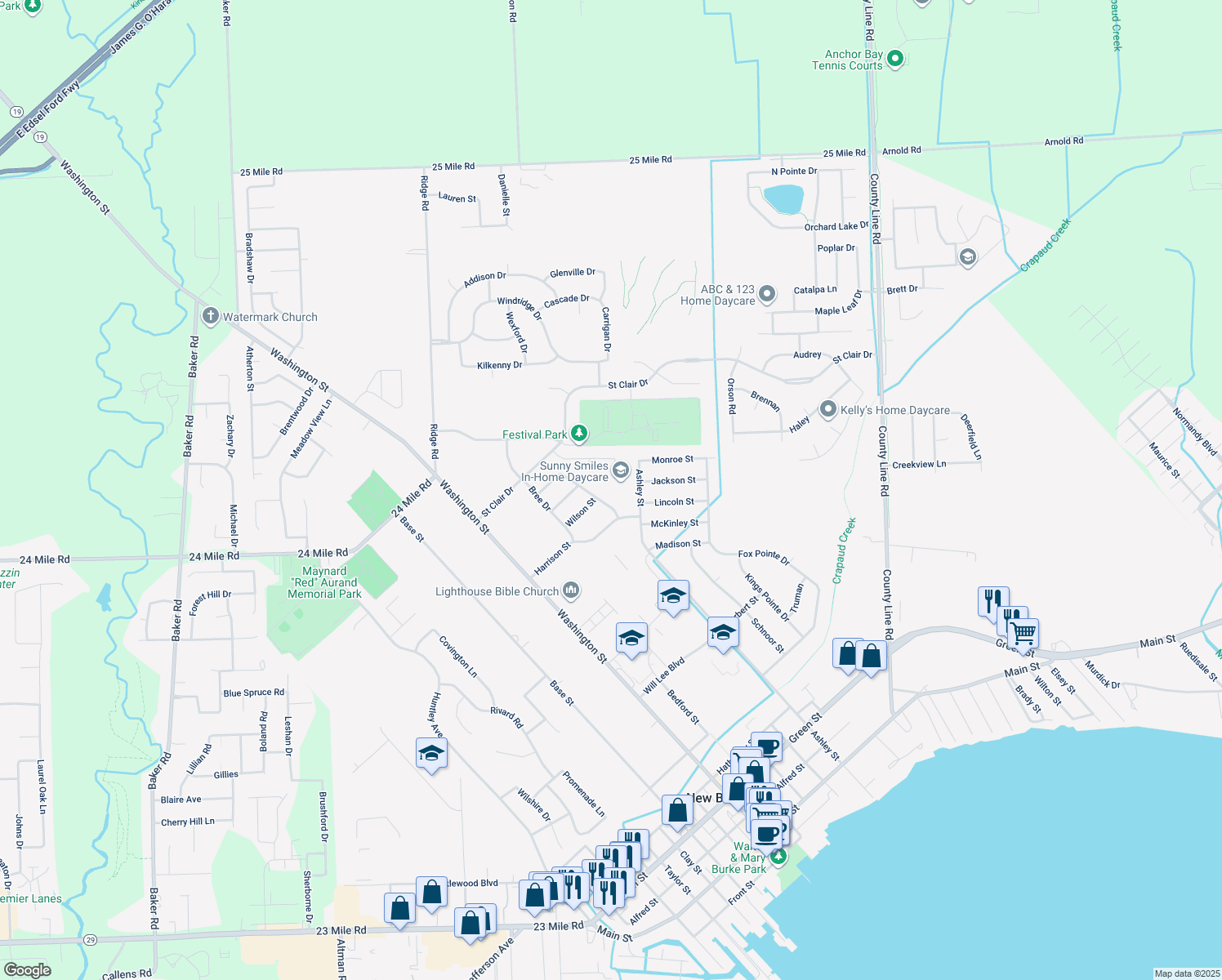map of restaurants, bars, coffee shops, grocery stores, and more near 35596 Brooke Court in New Baltimore