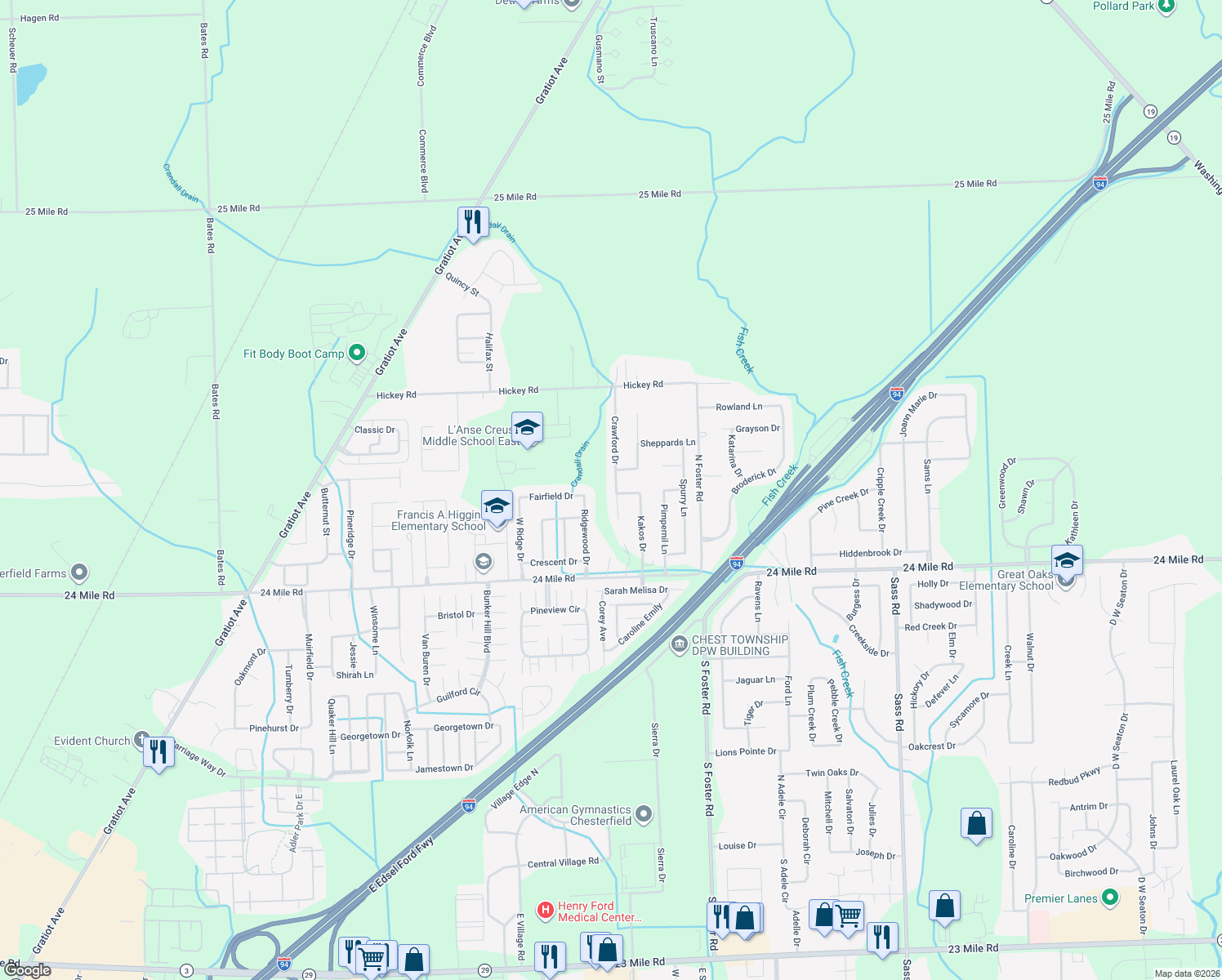 map of restaurants, bars, coffee shops, grocery stores, and more near 53307 Crawford Drive in New Baltimore