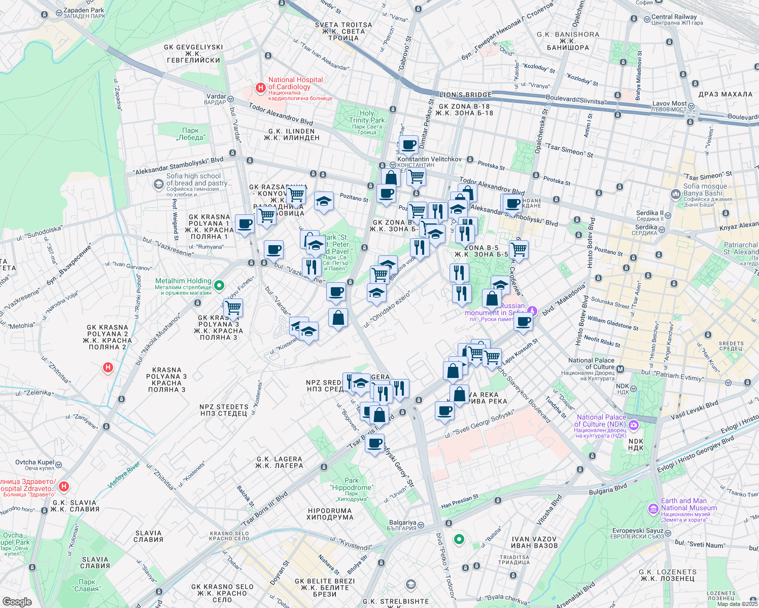 map of restaurants, bars, coffee shops, grocery stores, and more near in Sofia