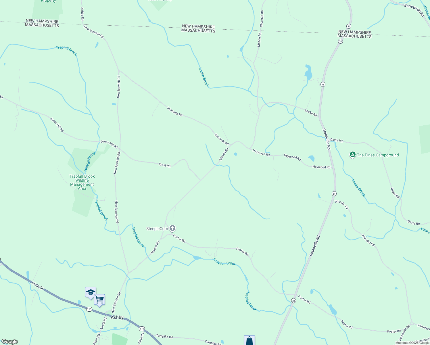 map of restaurants, bars, coffee shops, grocery stores, and more near 550 Mason Road in Ashby