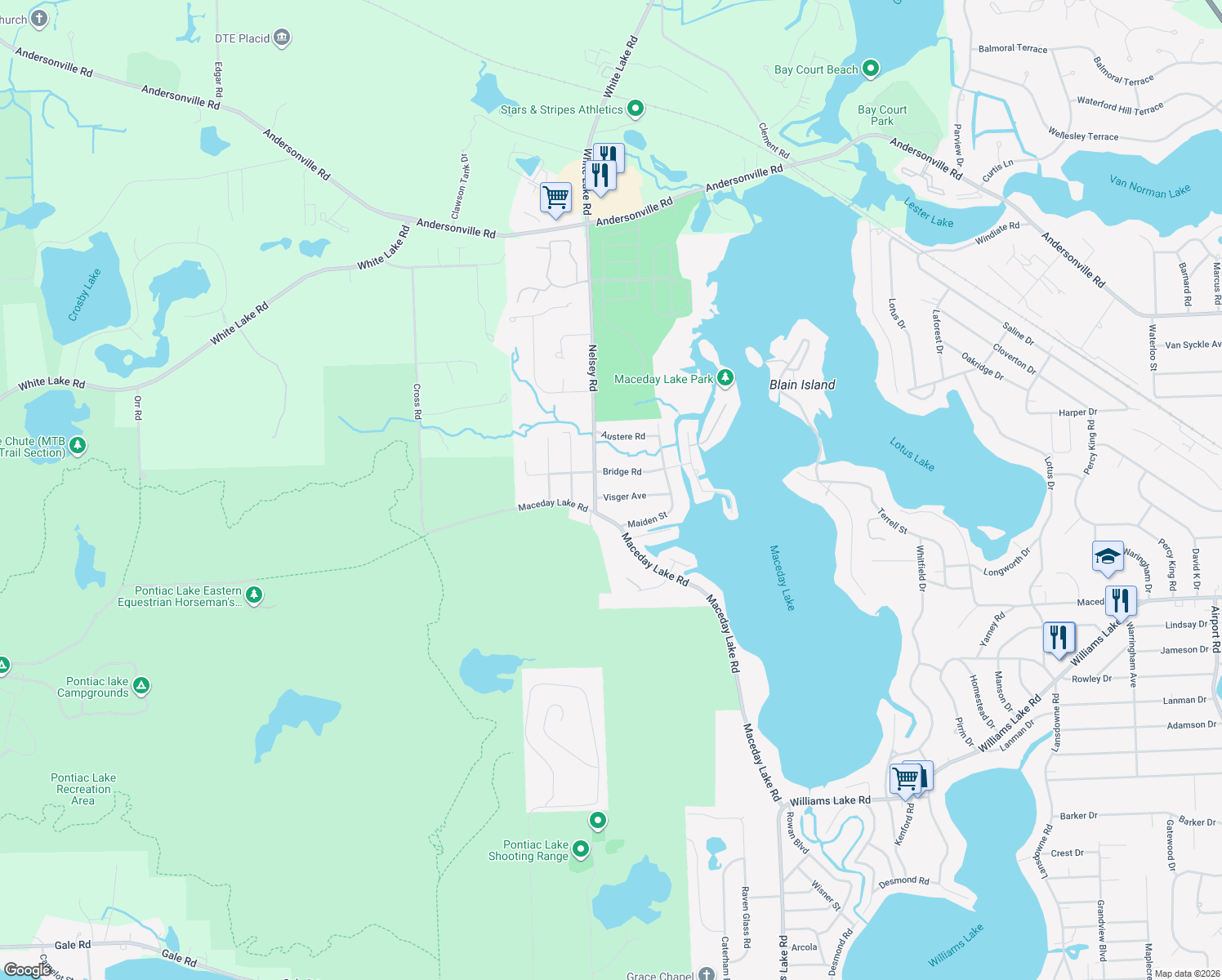 map of restaurants, bars, coffee shops, grocery stores, and more near 7760 Visger Ave in Waterford Township