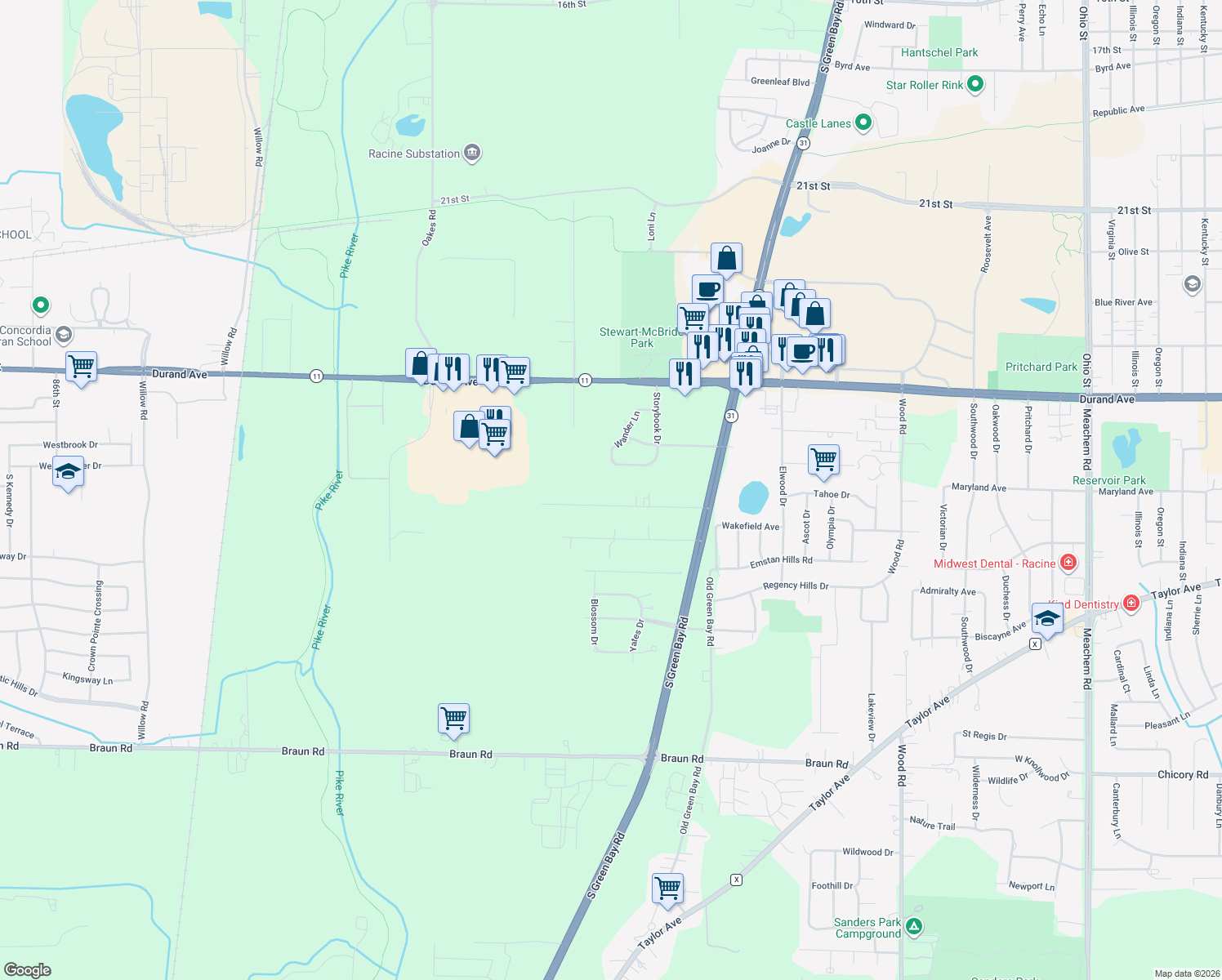 map of restaurants, bars, coffee shops, grocery stores, and more near 6524 Green Ridge Drive in Mount Pleasant