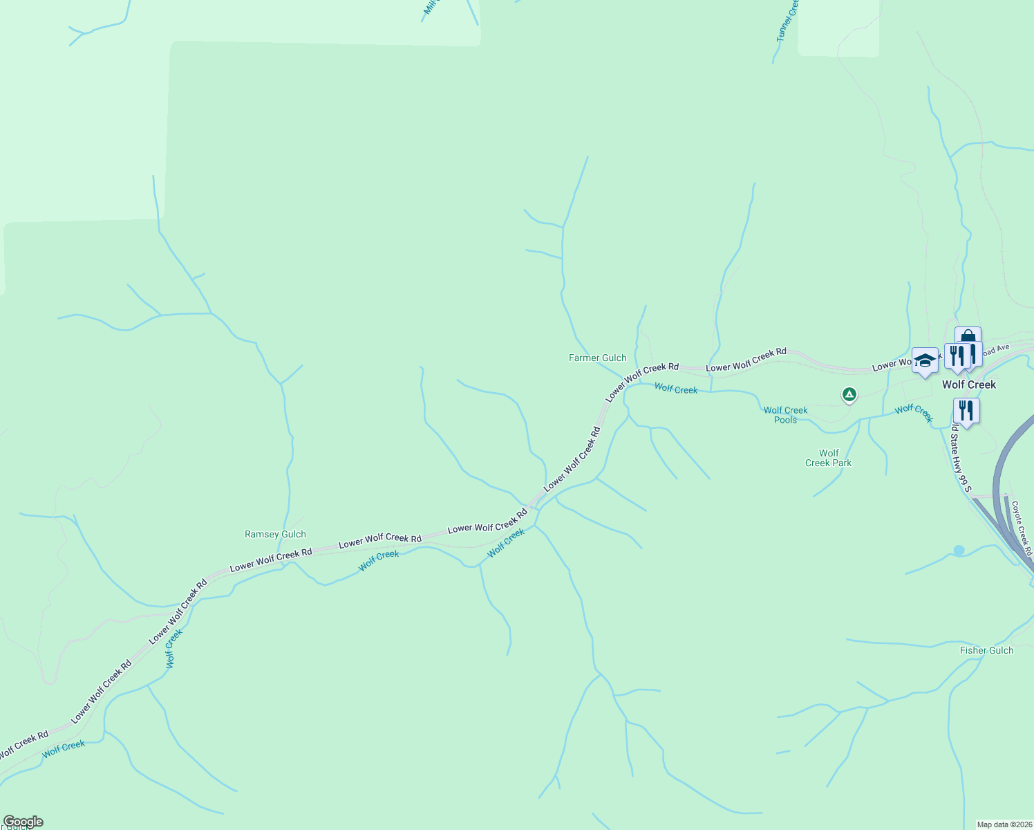 map of restaurants, bars, coffee shops, grocery stores, and more near 1502 Lower Wolf Creek Road in Wolf Creek