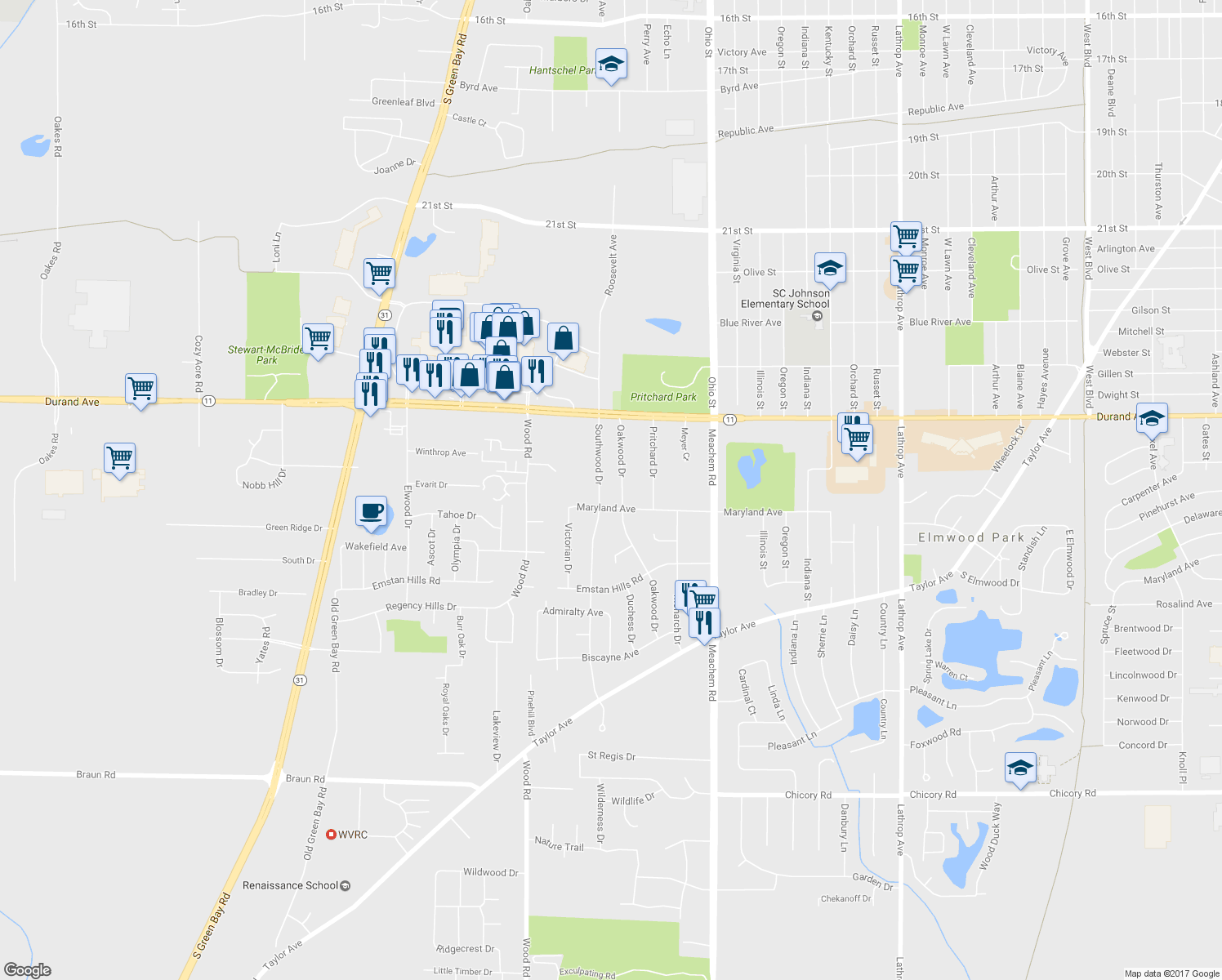 map of restaurants, bars, coffee shops, grocery stores, and more near 3217 Southwood Drive in Mount Pleasant