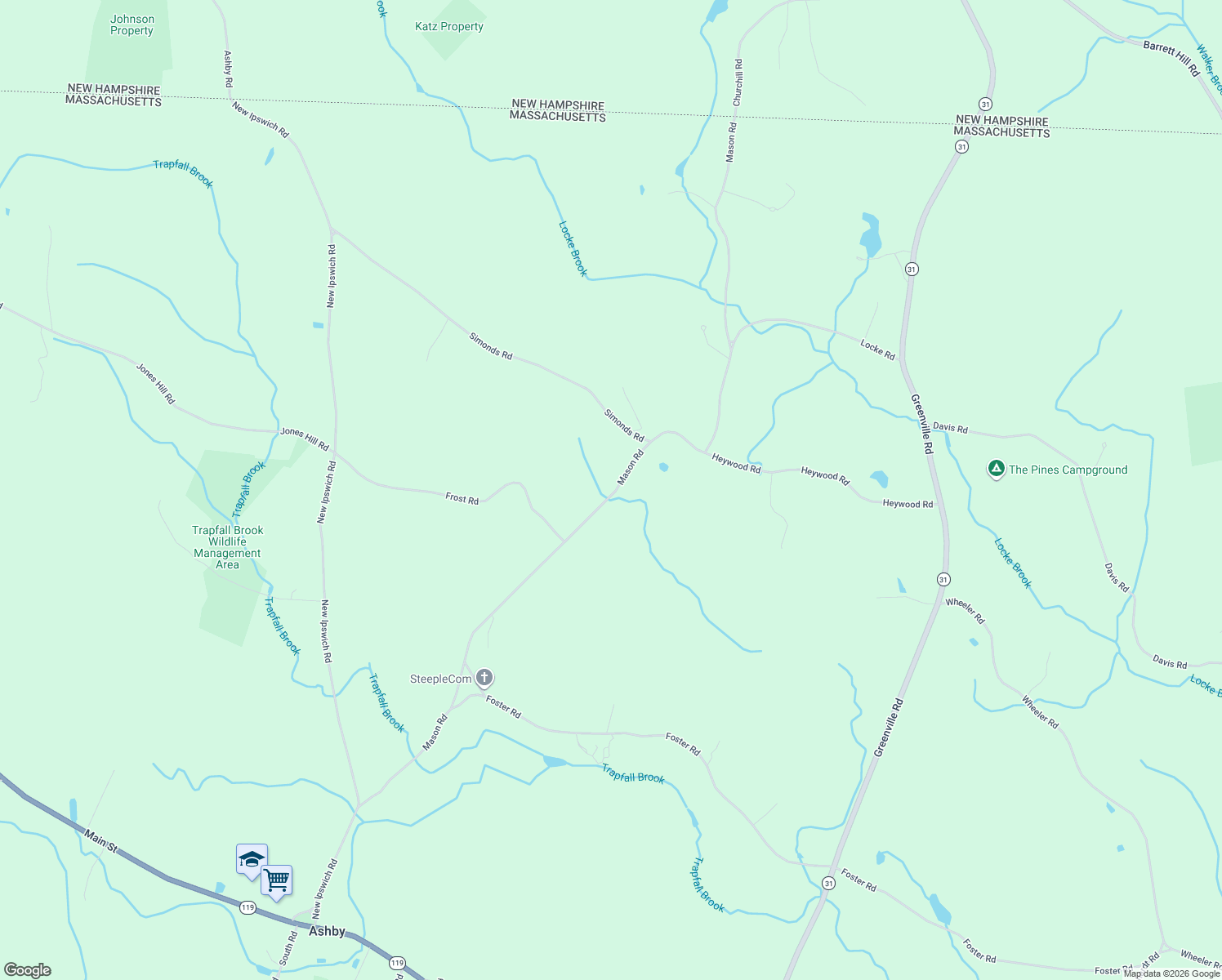 map of restaurants, bars, coffee shops, grocery stores, and more near 550 Mason Road in Ashby