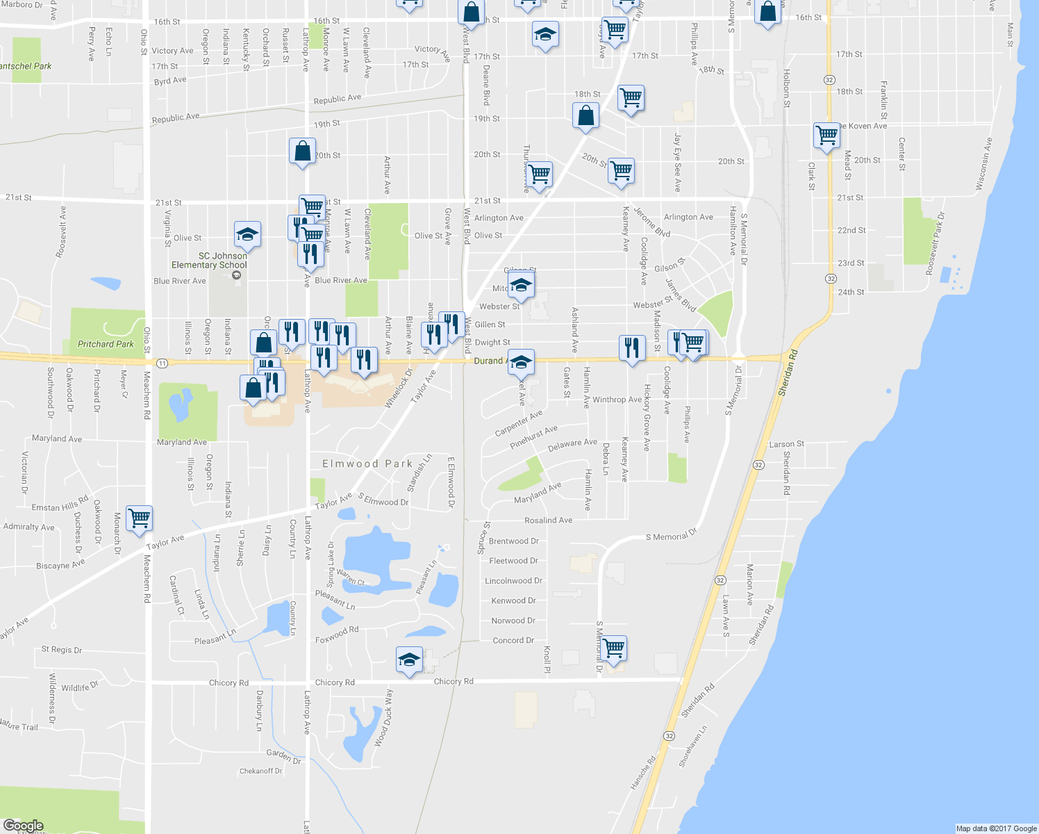 map of restaurants, bars, coffee shops, grocery stores, and more near 3116 Drexel Avenue in Racine