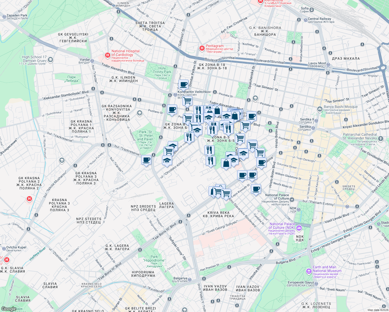 map of restaurants, bars, coffee shops, grocery stores, and more near 22 ulitsa "Kamen Andreev" in Sofia