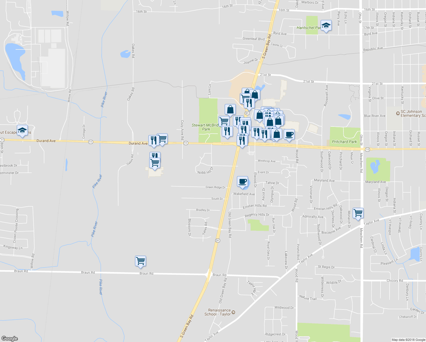 map of restaurants, bars, coffee shops, grocery stores, and more near 3205 Nobb Hill Dr in Racine