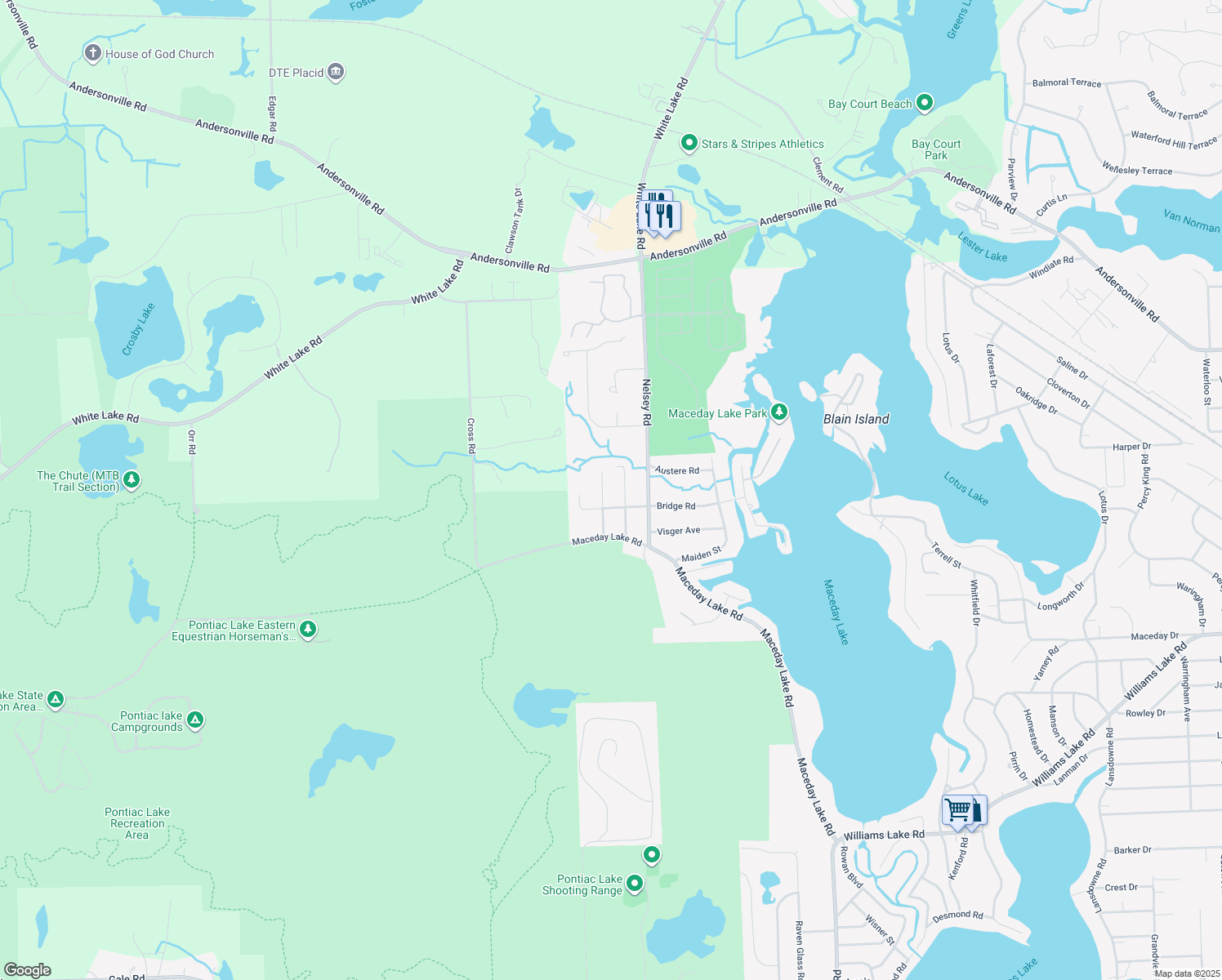 map of restaurants, bars, coffee shops, grocery stores, and more near 3940 Perkins Street in Waterford Township