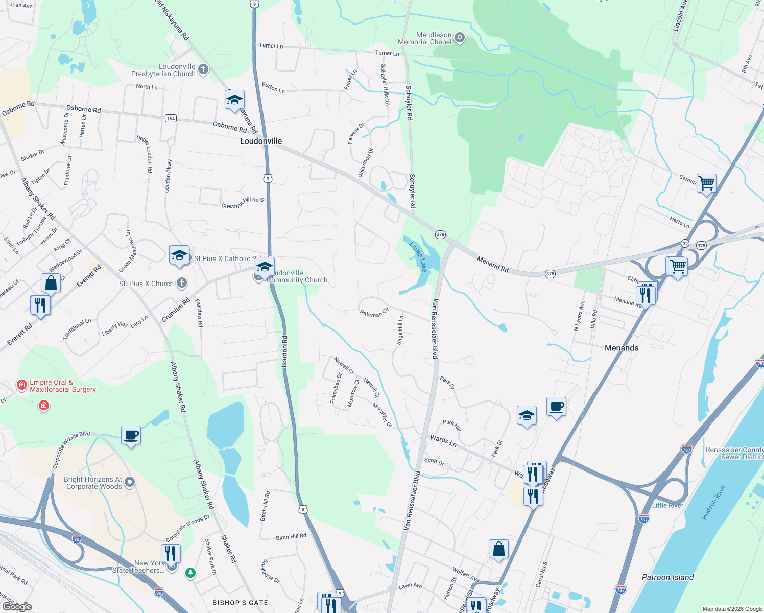 map of restaurants, bars, coffee shops, grocery stores, and more near 2 Pateman Circle in Menands