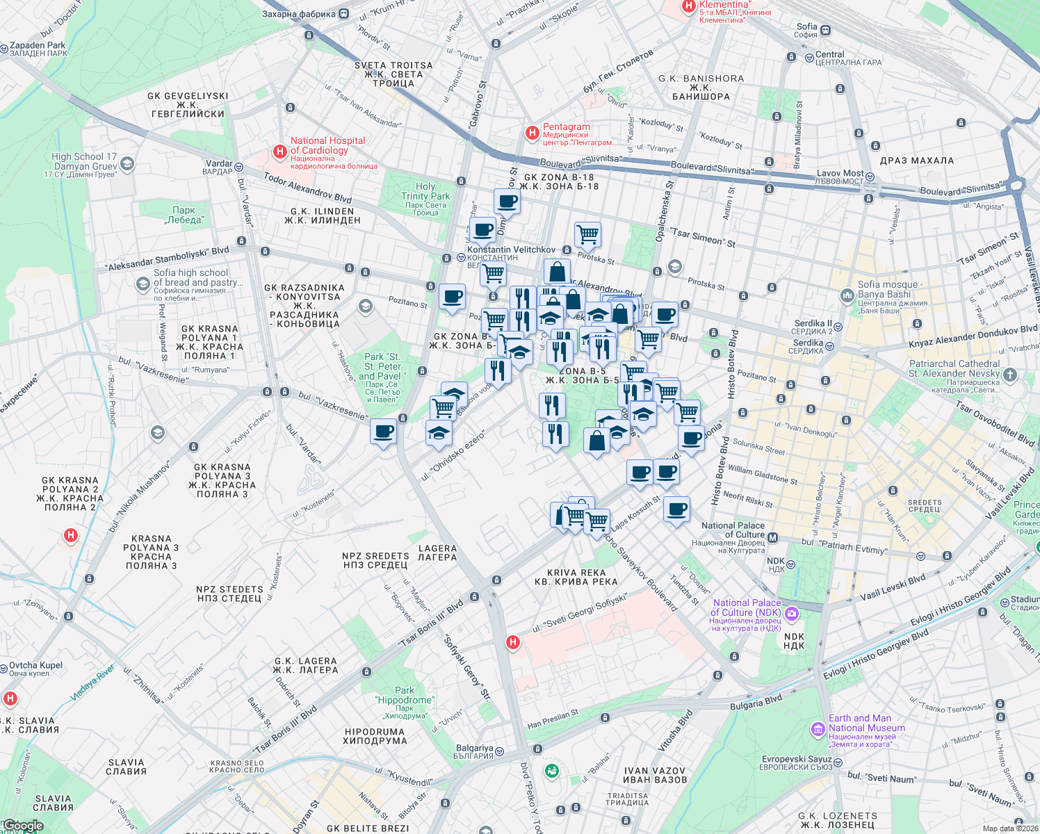 map of restaurants, bars, coffee shops, grocery stores, and more near 22 ulitsa "Kamen Andreev" in Sofia