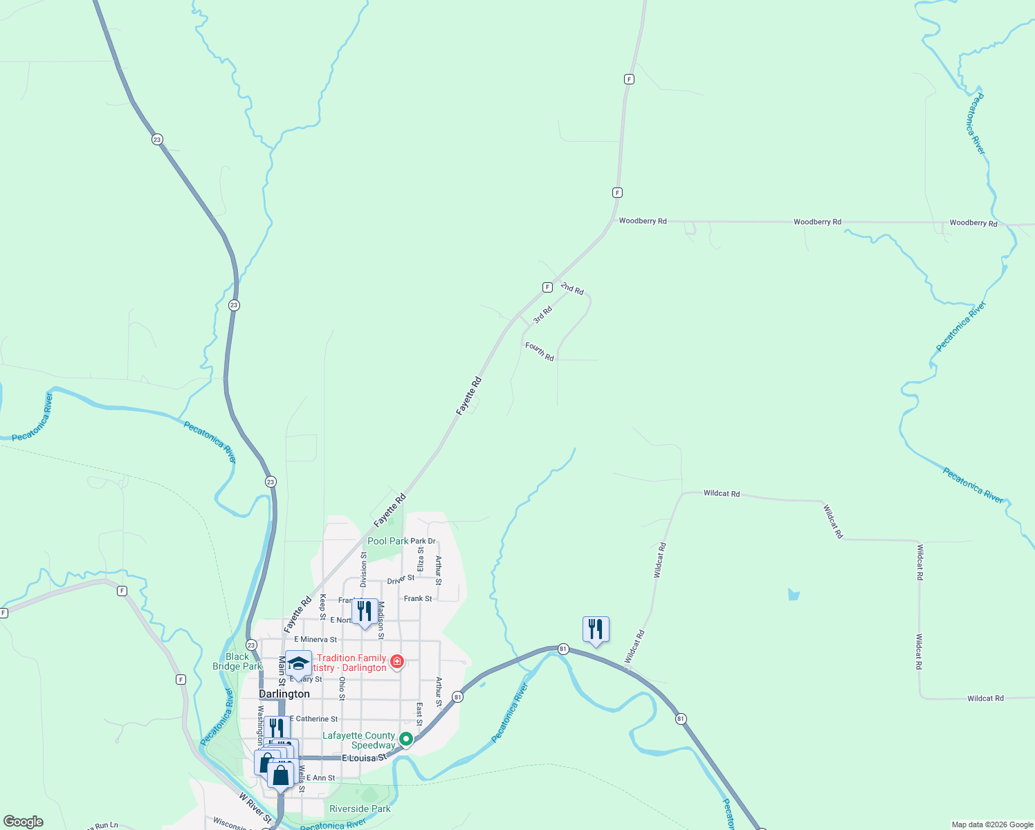 map of restaurants, bars, coffee shops, grocery stores, and more near 13896 3rd Road in Darlington