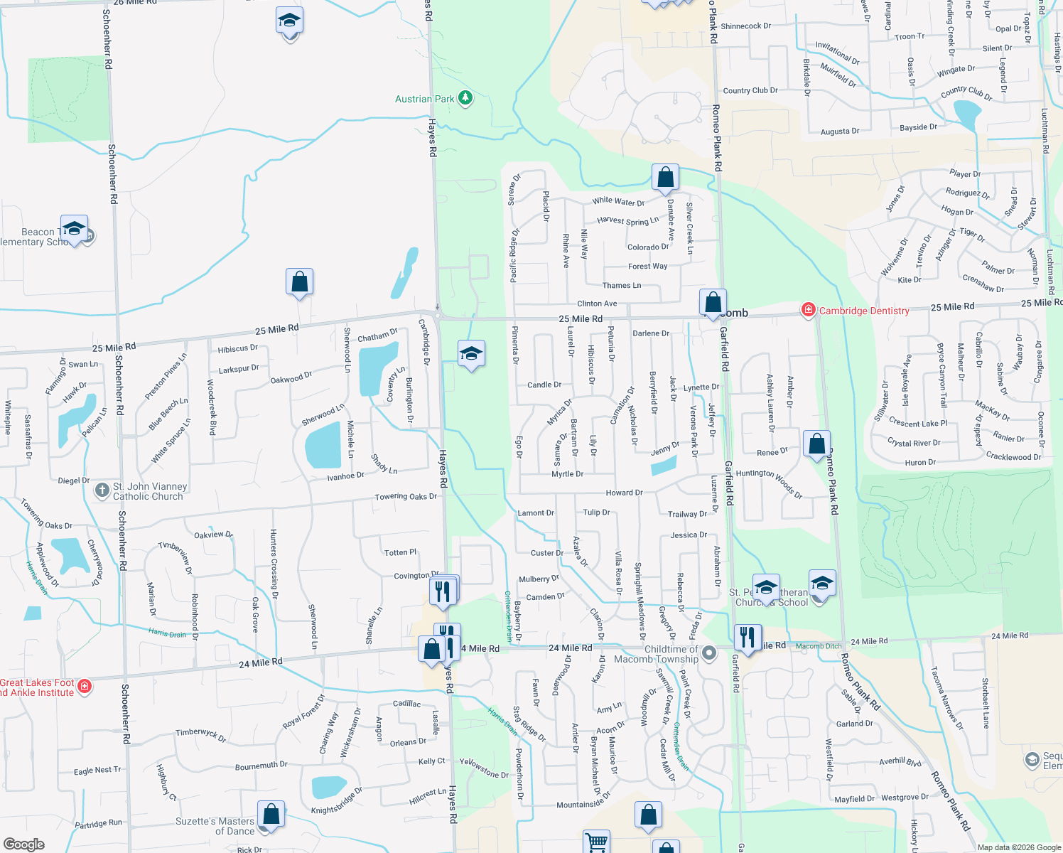 map of restaurants, bars, coffee shops, grocery stores, and more near 54358 Ego Dr in Macomb
