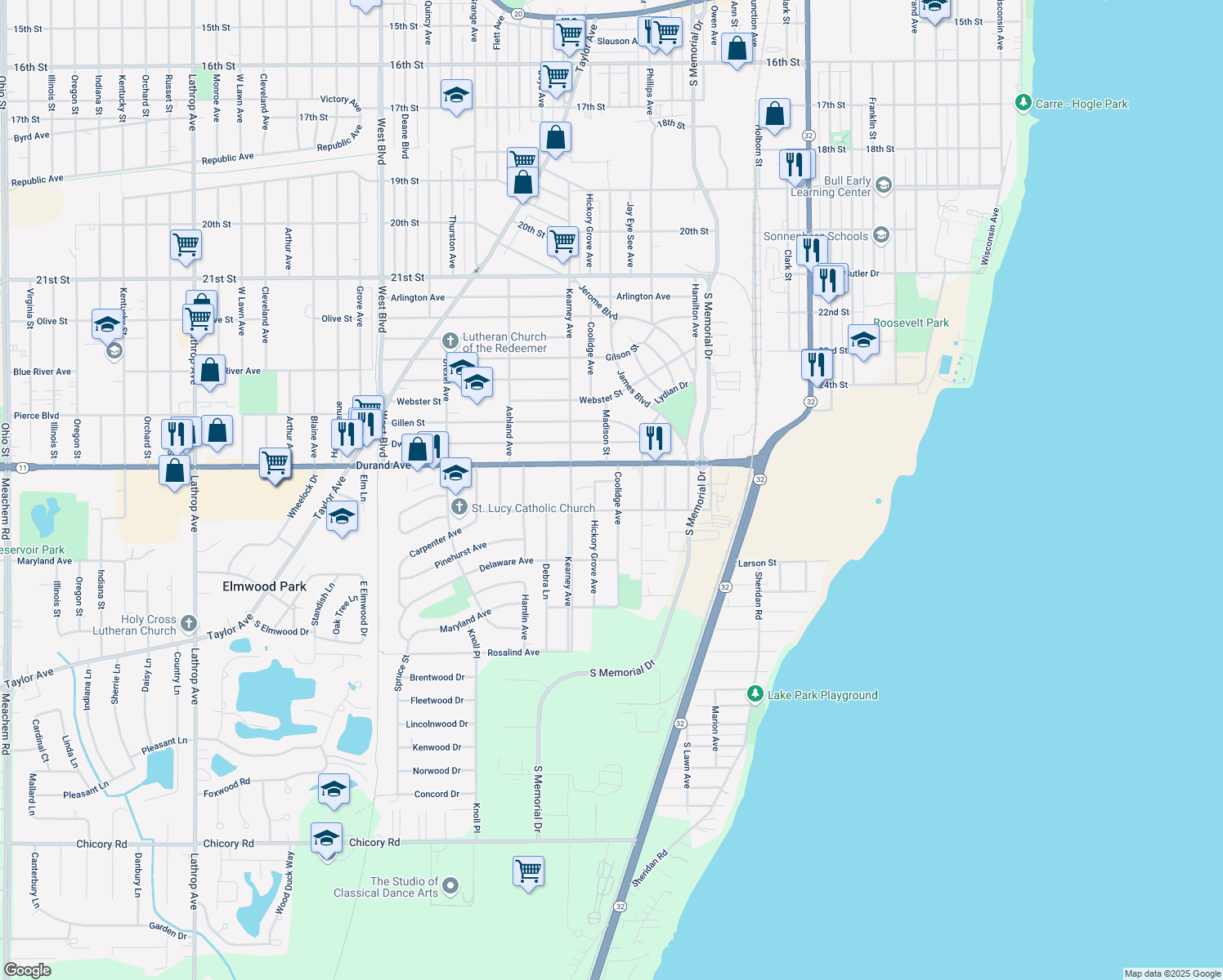map of restaurants, bars, coffee shops, grocery stores, and more near 3036 Coolidge Avenue in Mount Pleasant