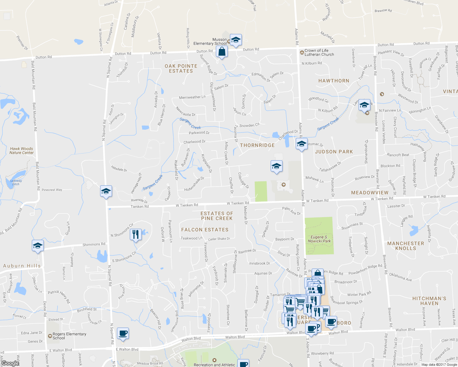 map of restaurants, bars, coffee shops, grocery stores, and more near 3508 Aynsley Drive in Rochester Hills