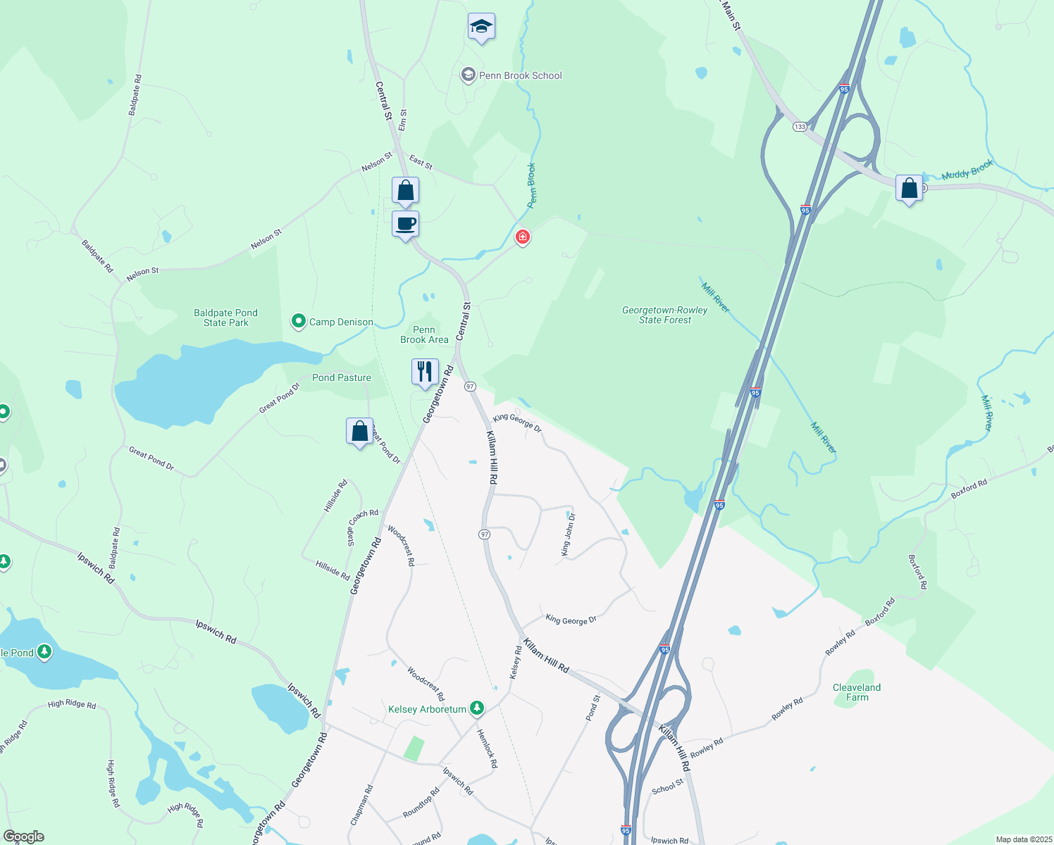 map of restaurants, bars, coffee shops, grocery stores, and more near 99 King George Drive in Boxford