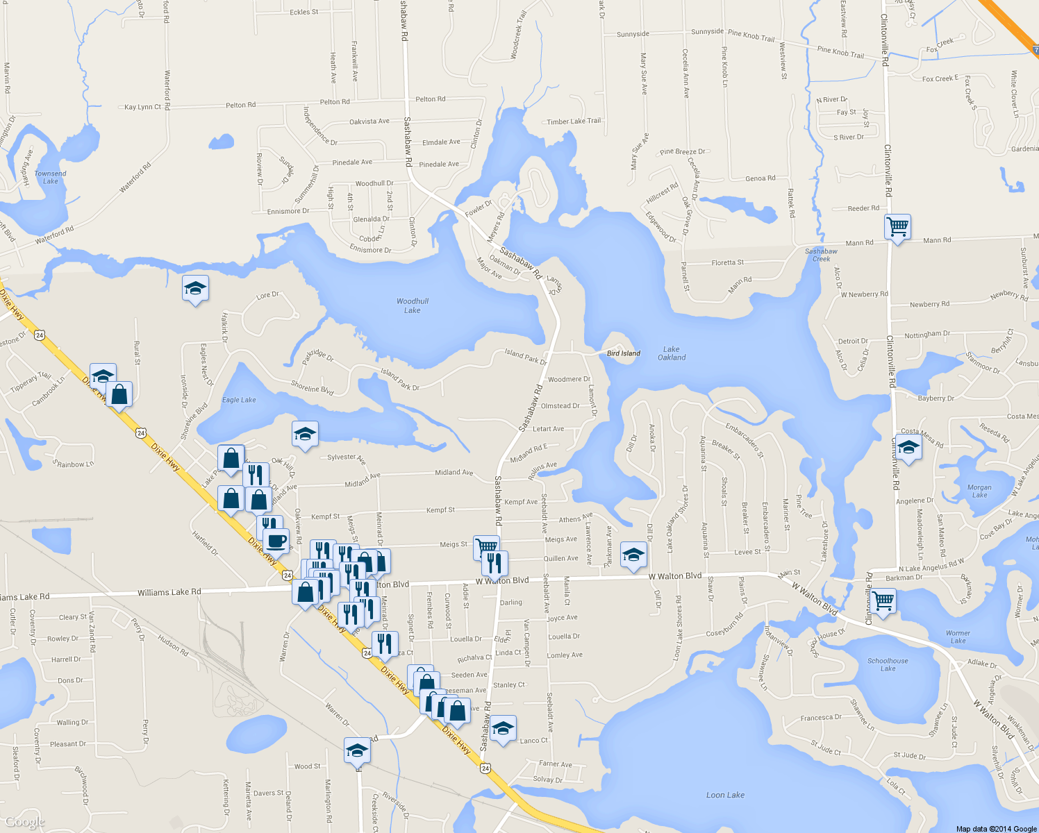 map of restaurants, bars, coffee shops, grocery stores, and more near 4025 Sashabaw Road in Waterford Township