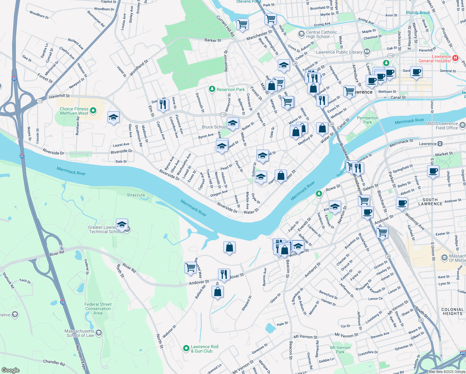 map of restaurants, bars, coffee shops, grocery stores, and more near 62 Ames Street in Lawrence