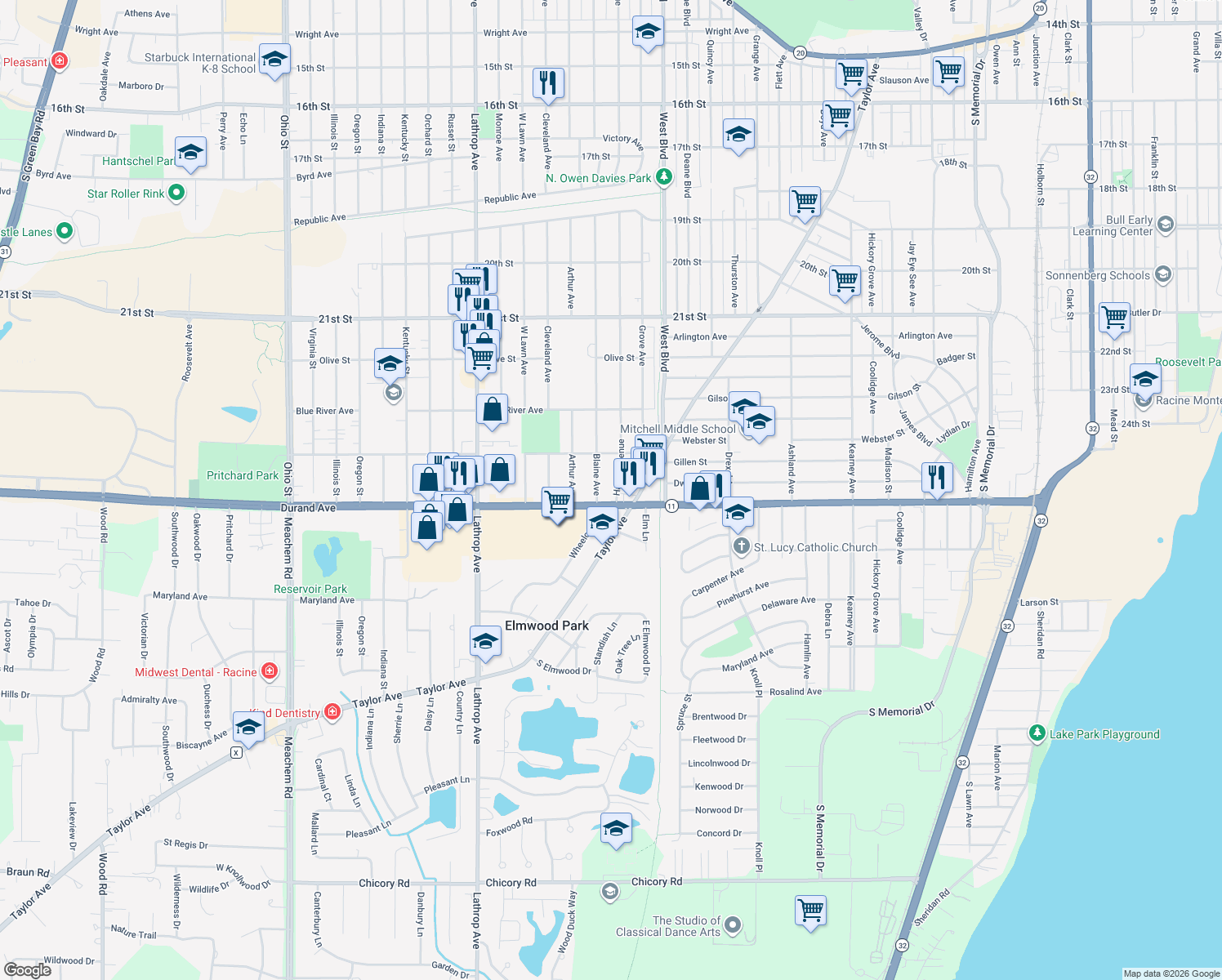 map of restaurants, bars, coffee shops, grocery stores, and more near 2904 Hayes Avenue in Racine