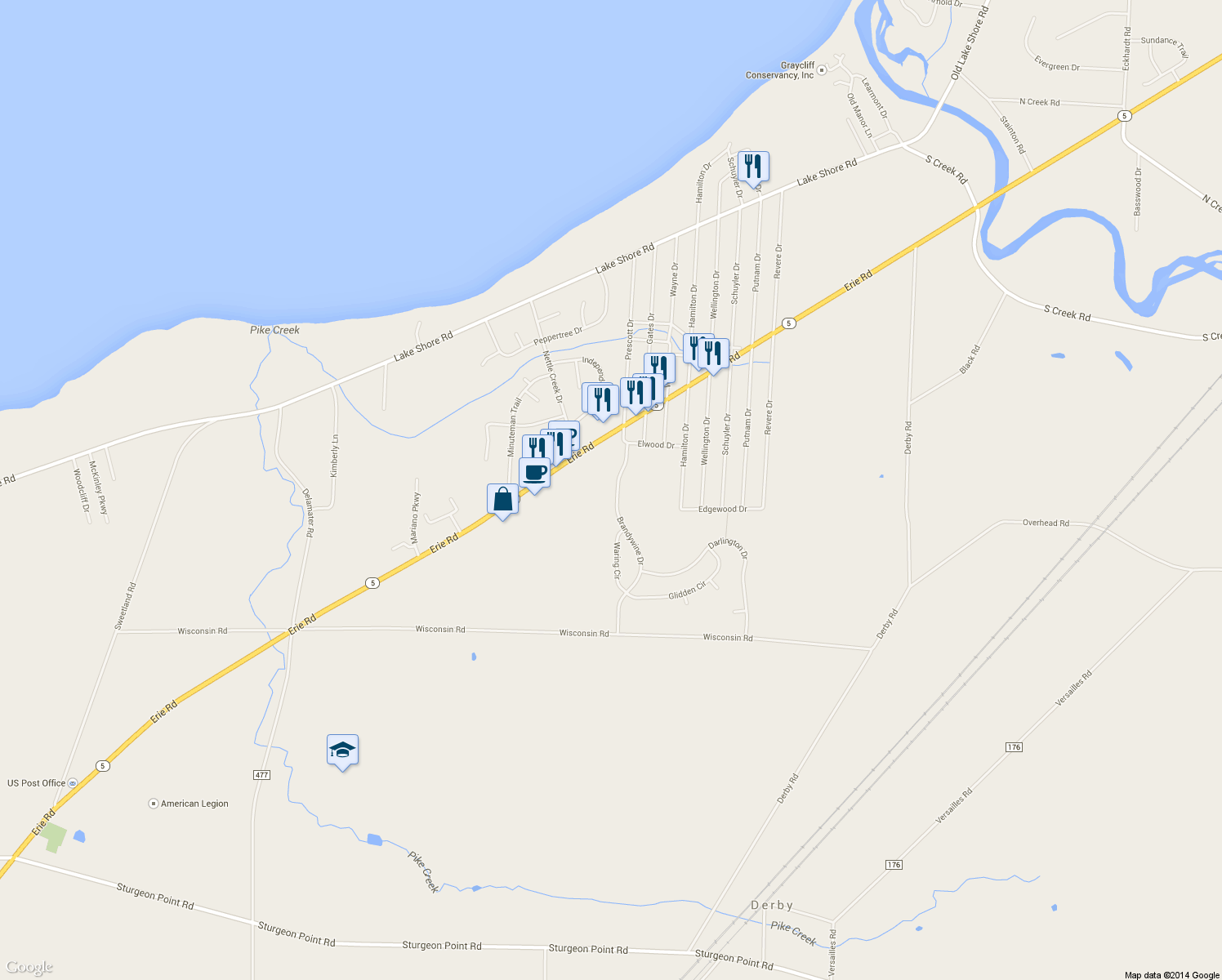 map of restaurants, bars, coffee shops, grocery stores, and more near 6936 Brandywine Drive in Derby
