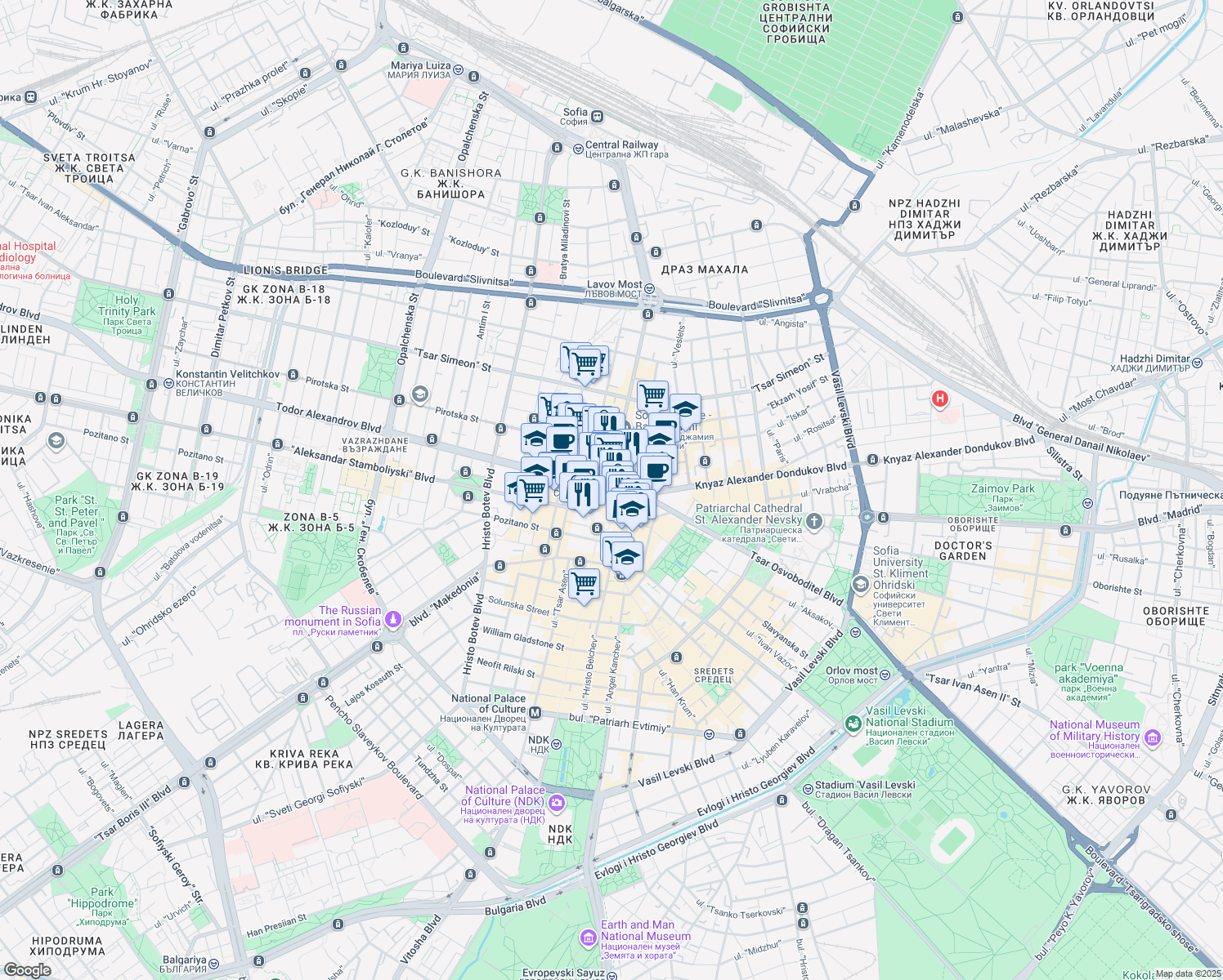 map of restaurants, bars, coffee shops, grocery stores, and more near in Sofia