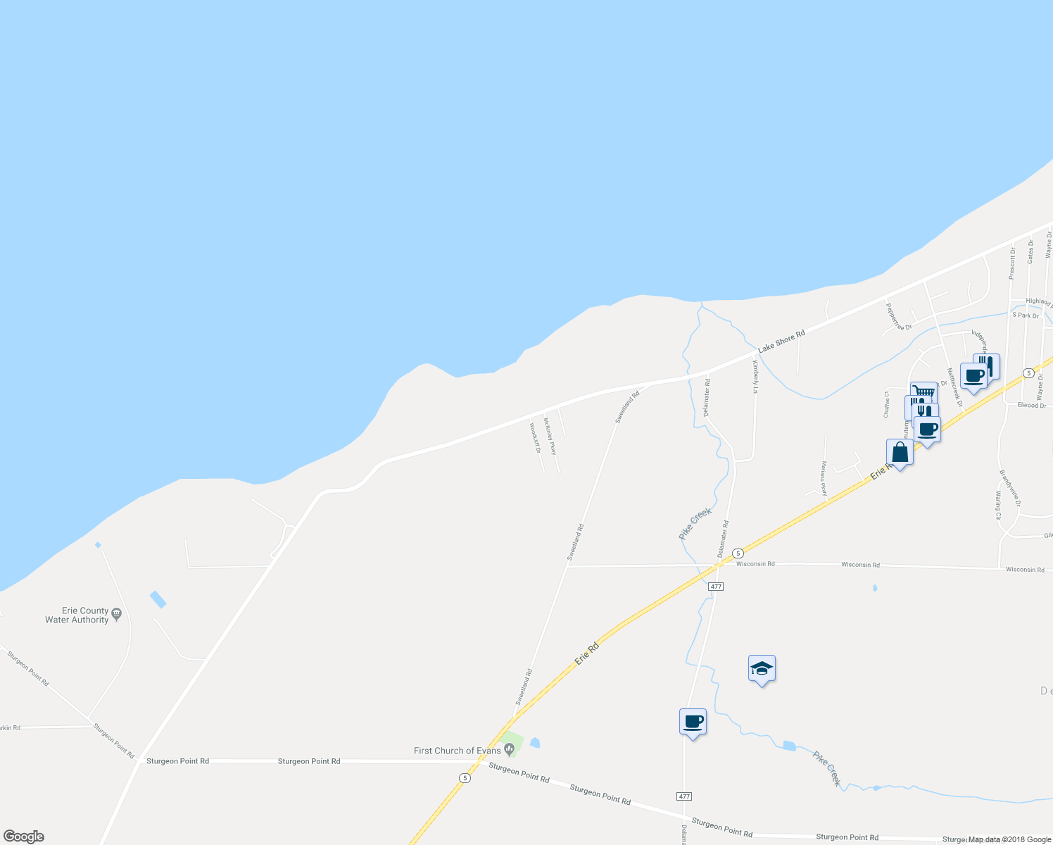 map of restaurants, bars, coffee shops, grocery stores, and more near 6985 Lake Shore Road in Derby