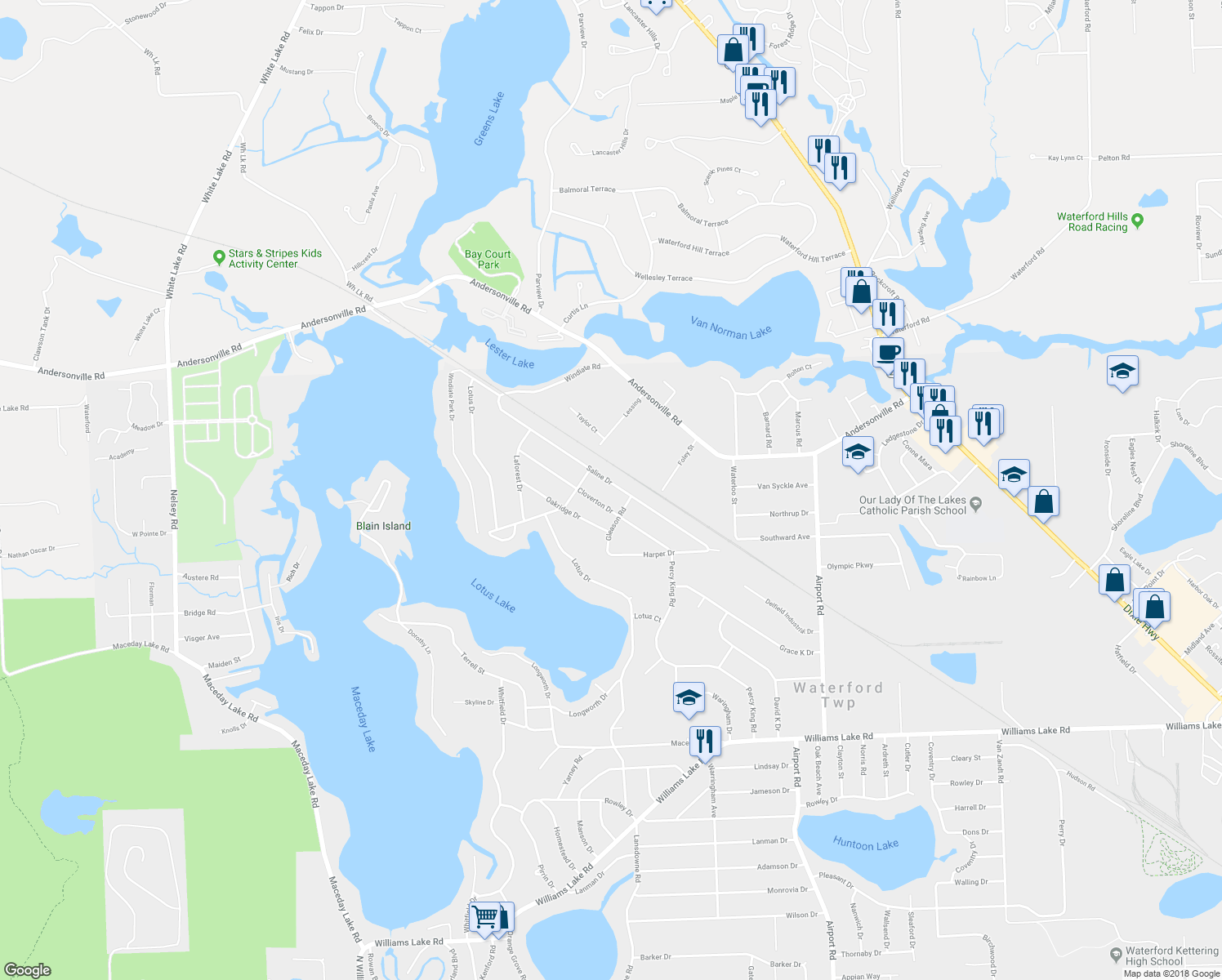 map of restaurants, bars, coffee shops, grocery stores, and more near 6559 Saline Drive in Waterford Township