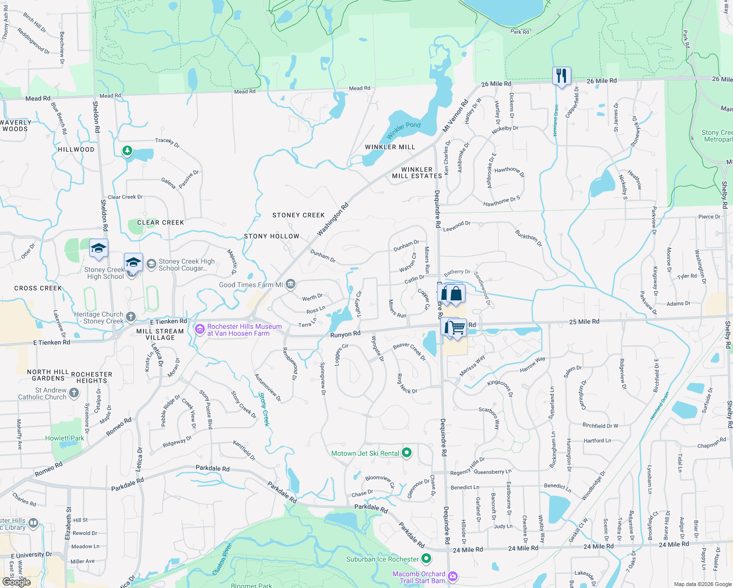 map of restaurants, bars, coffee shops, grocery stores, and more near 1268 Tulberry Circle in Rochester