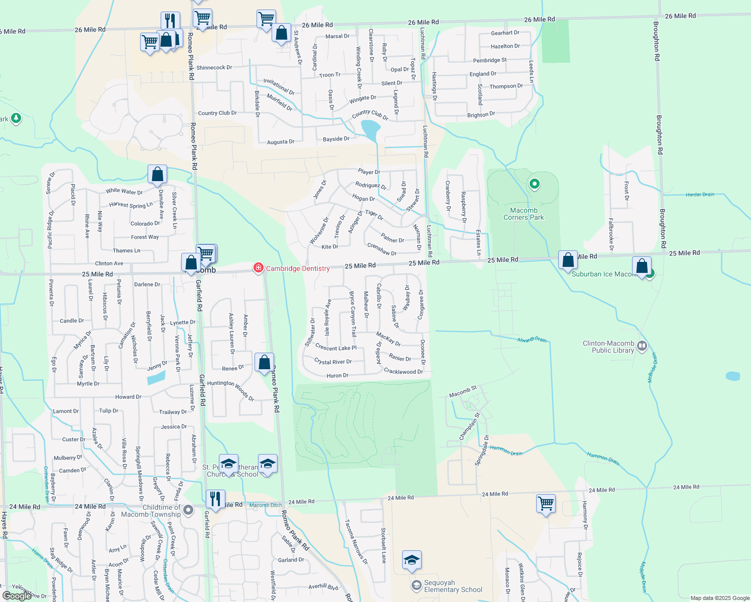 map of restaurants, bars, coffee shops, grocery stores, and more near 54789 Cabrillo Drive in Macomb