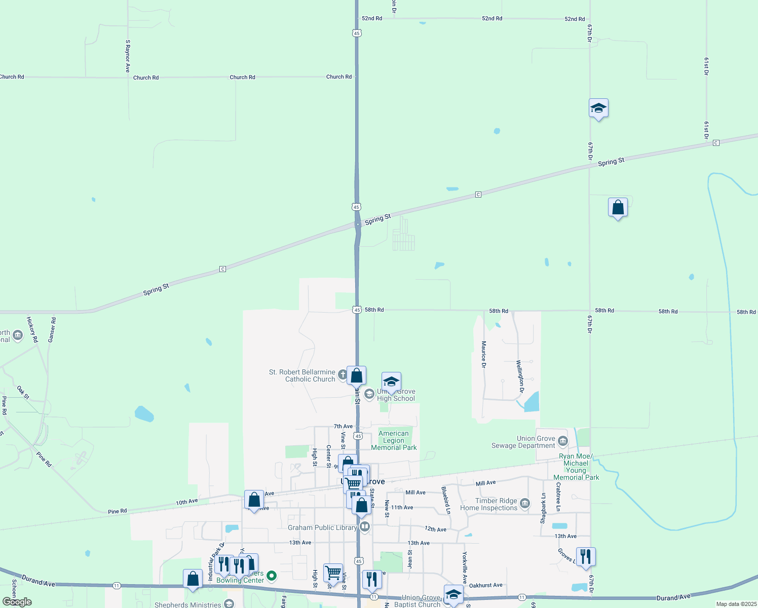 map of restaurants, bars, coffee shops, grocery stores, and more near 19128 58th Rd in Union Grove
