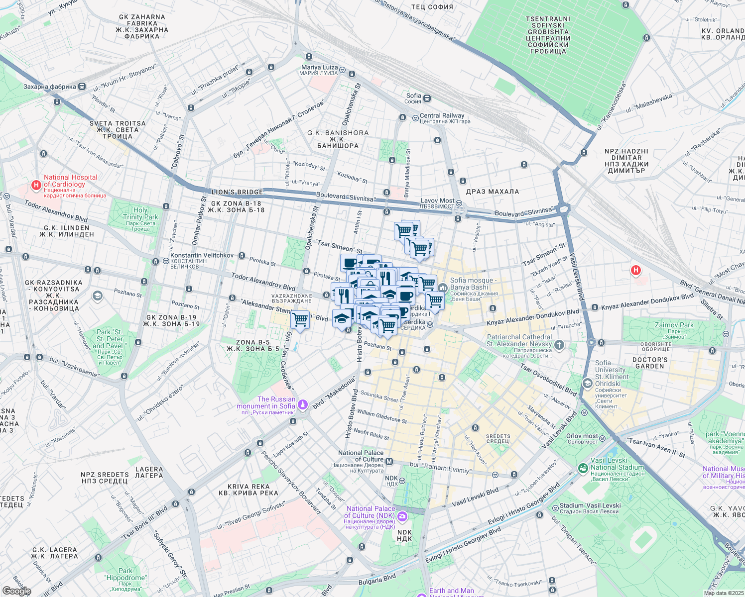 map of restaurants, bars, coffee shops, grocery stores, and more near 9 ulitsa "Bratya Miladinovi" in Sofia